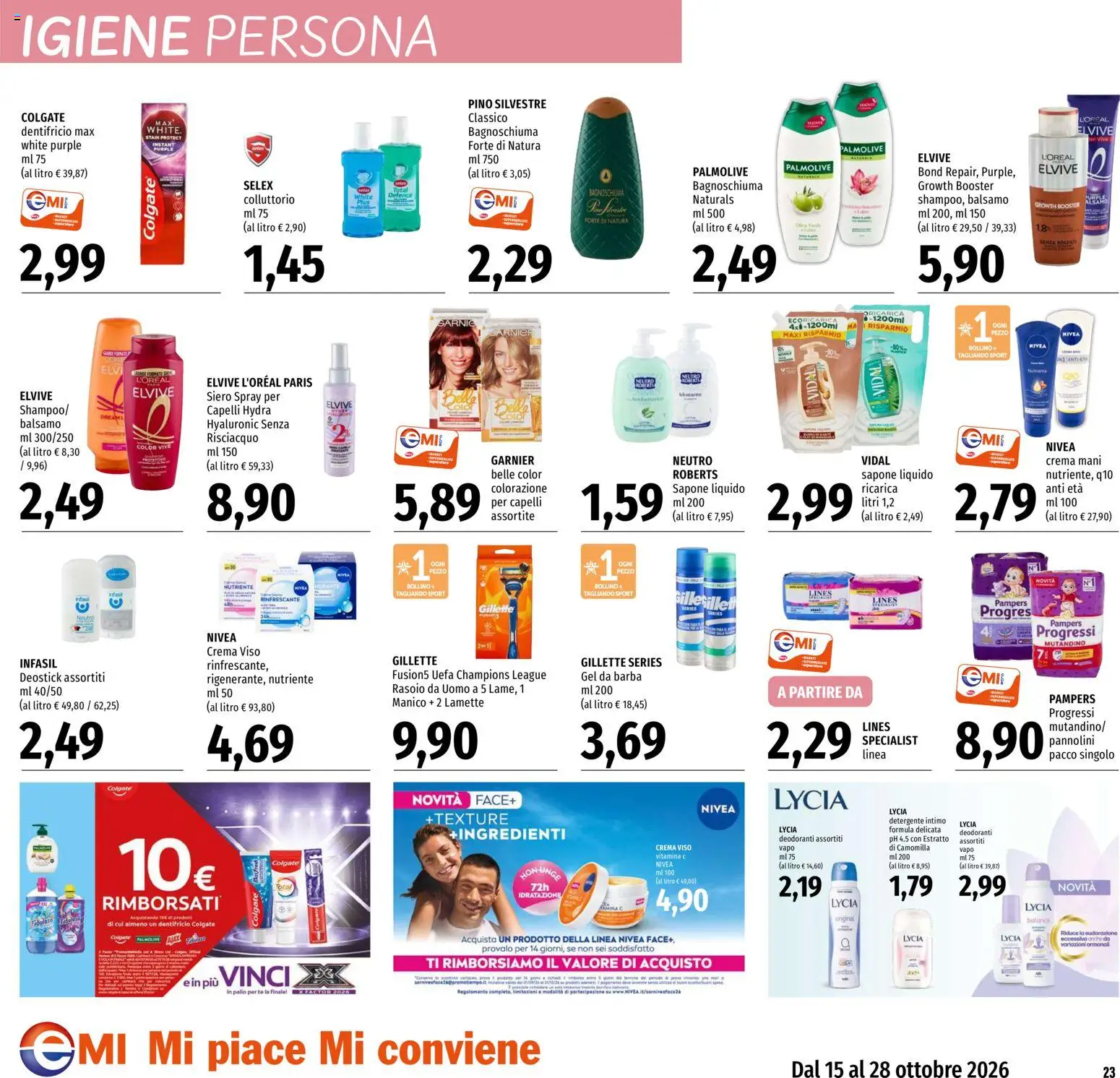 Volantino EMI del 15/10/2026 | Pagina: 23 | Prodotti: Bagnoschiuma, Dentifricio, Detergente, Pampers