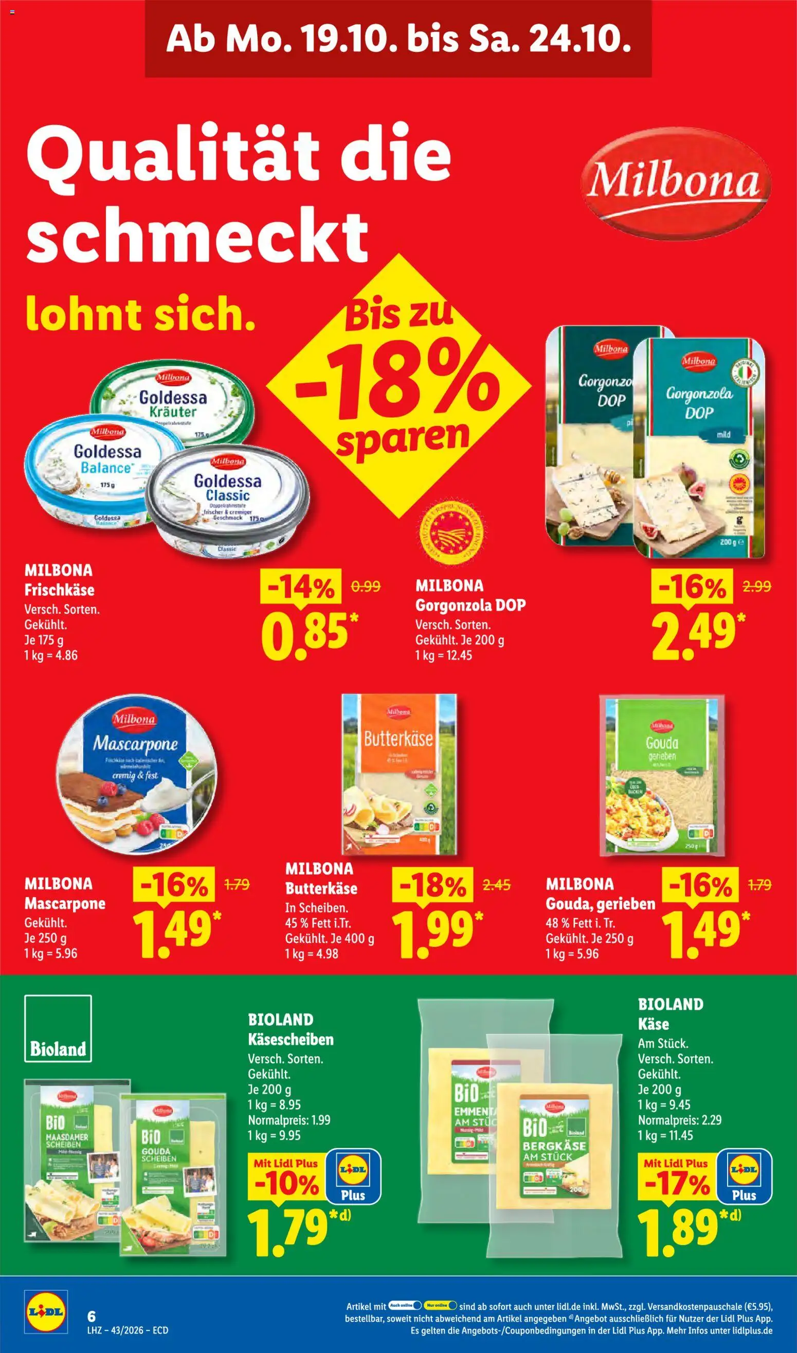 Lidl Německo leták od 19.10.2026 | Strana: 12 | Produkty: Gorgonzola, Kaše, Mascarpone, Goldessa