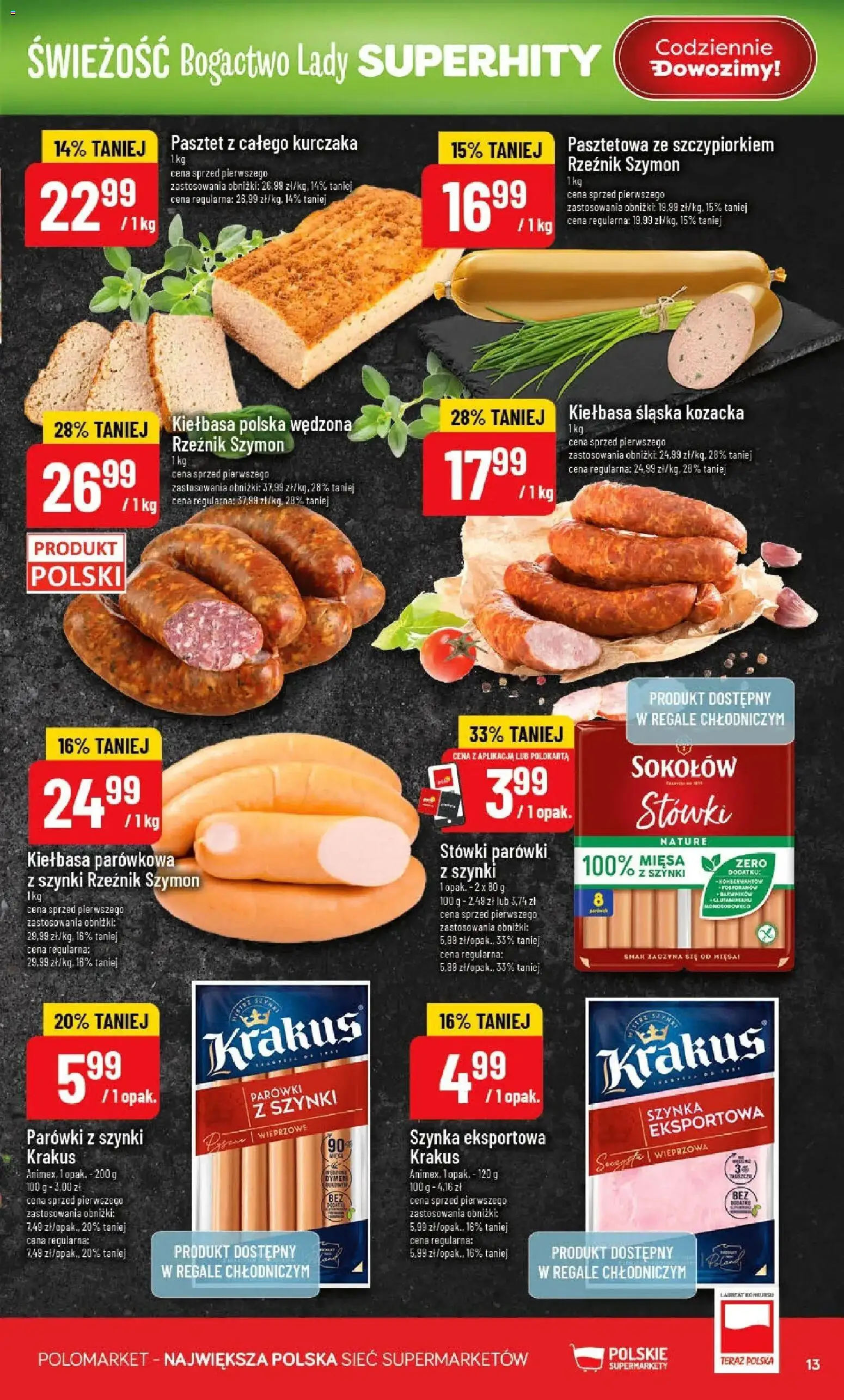 POLOmarket gazetka od 15.04.2026 | Strona: 13 | Produkty: Kiełbasa, Parówki, Szynka, Kiełbasa śląska