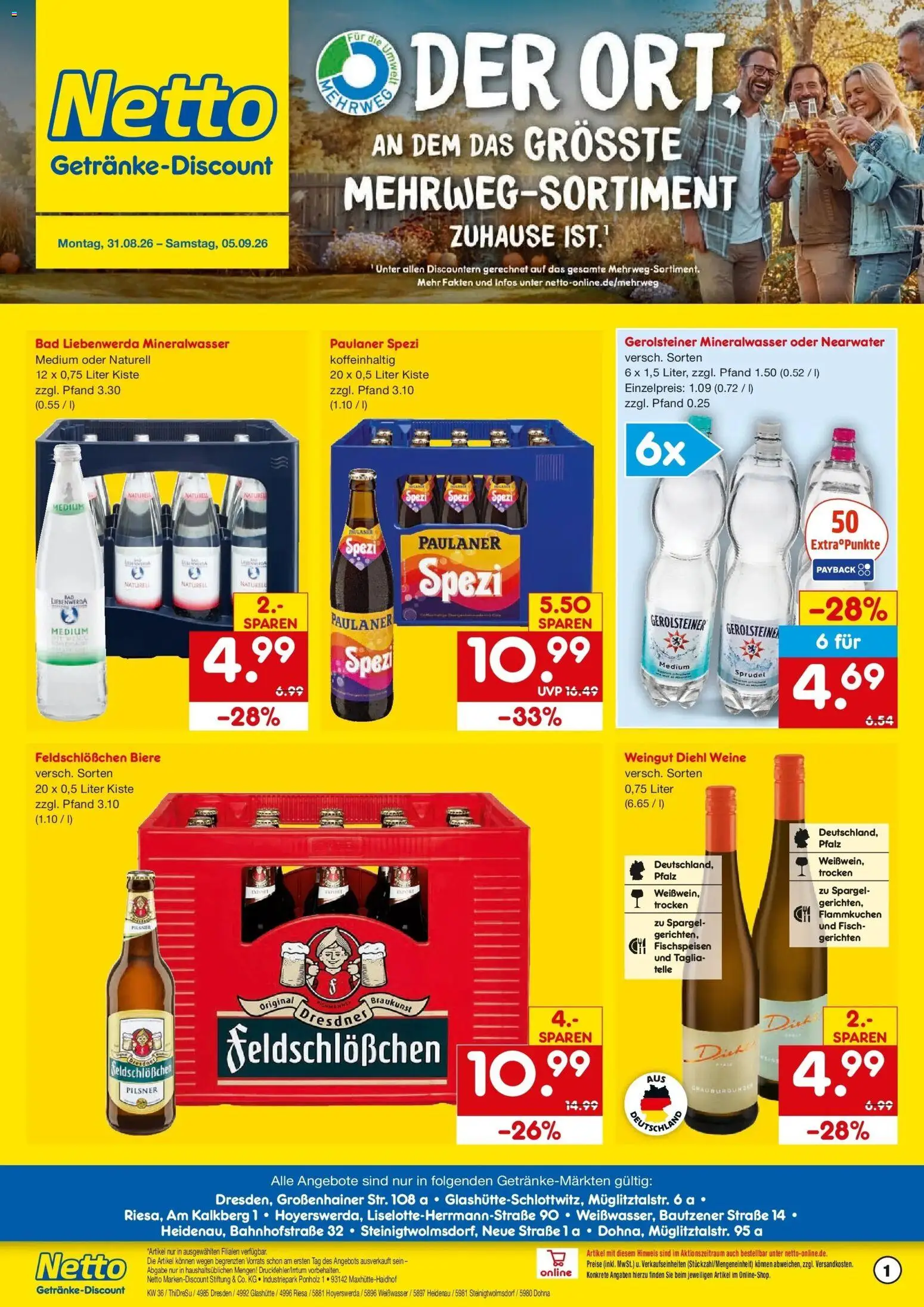 Netto Marken-Discount Prospekt Riesa – gültig ab 31.08.2026 | Seite: 1 | Produkte: Paulaner spezi, Bad, Mineralwasser, Gerolsteiner