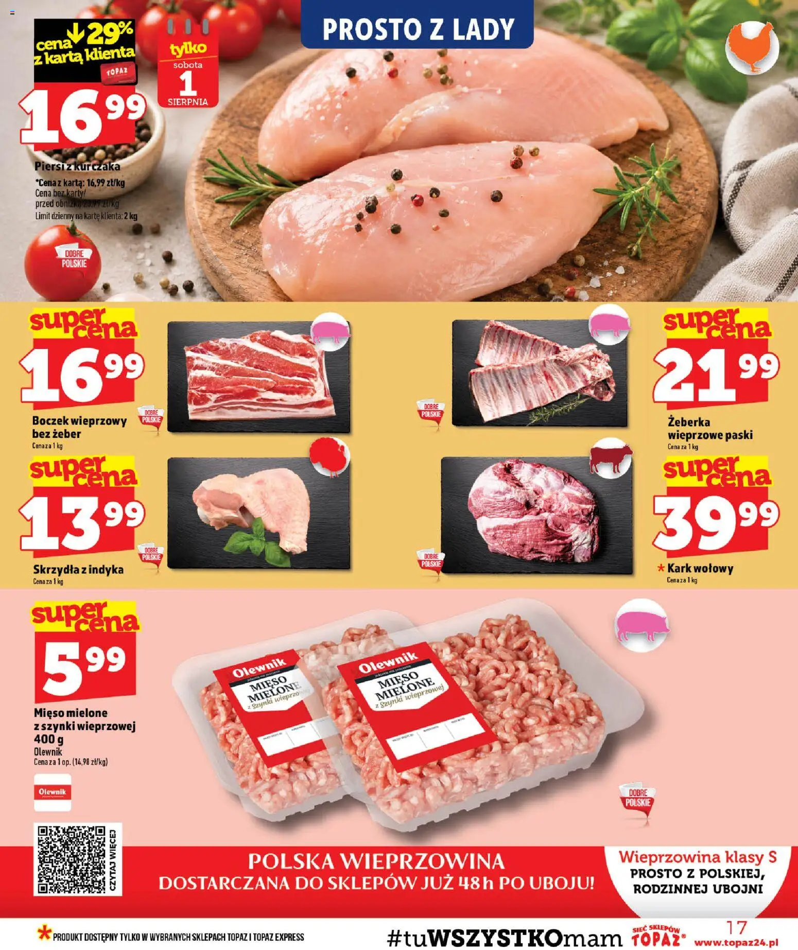Topaz gazetka od 30.07.2026 | Strona: 17 | Produkty: Karta, Piersi, Boczek wieprzowy, Mięso mielone
