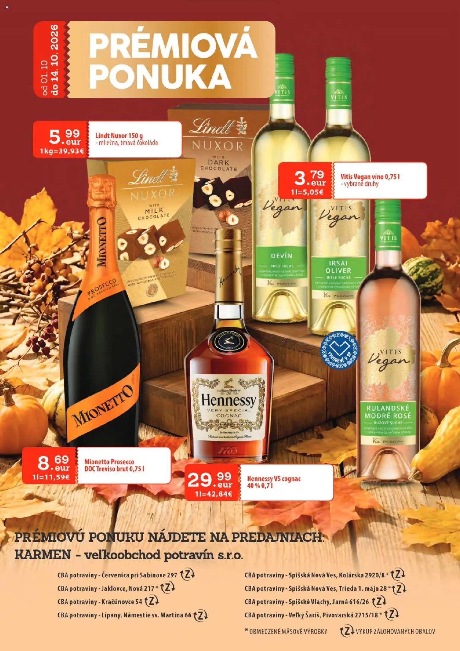Nové KARMEN CBA akcie – leták je platný od 01.10.2026 | Strana: 29 | Produkty: Víno, Prosecco, Lindt, Mionetto Prosecco