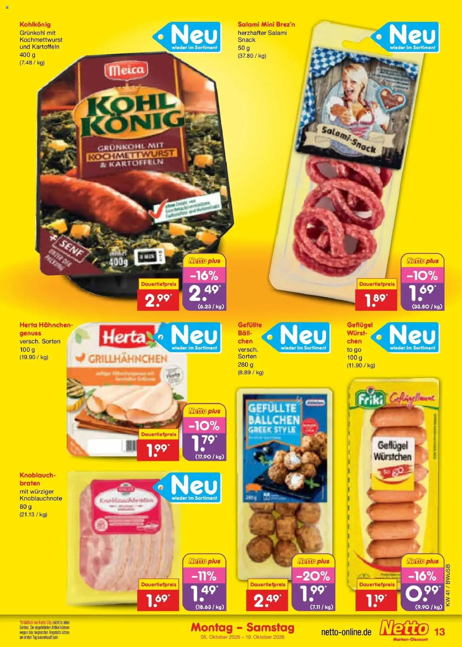 Netto Marken-Discount Prospekt Bielefeld (ab 05.10.2026) » Angebote | Seite: 13 | Produkte: Meica, Kartoffeln, Knoblauch, Salami