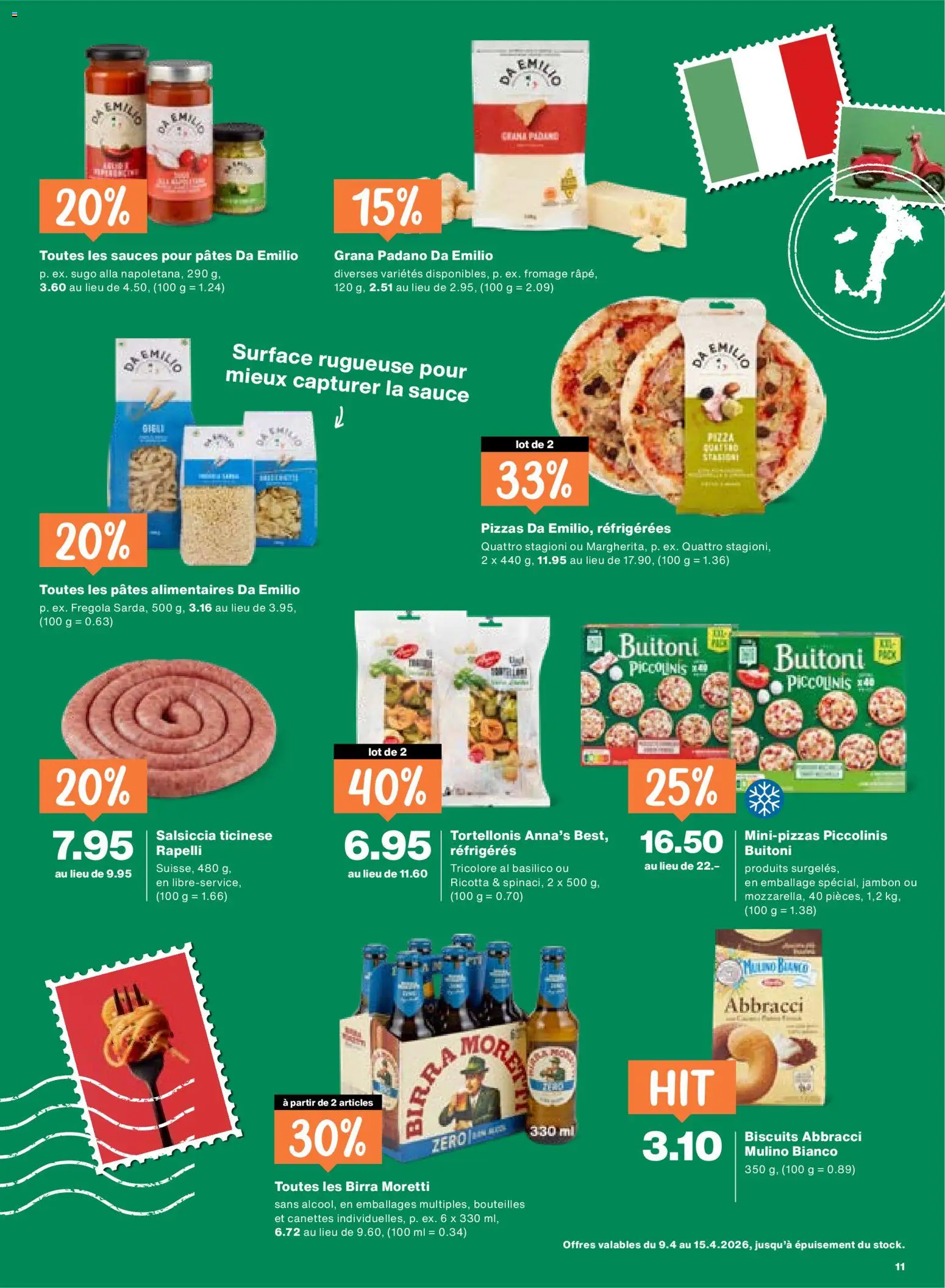 Migros aktionen FR – gültig ab 09.04.2026 | Seite: 11 | Produkte: Grana Padano, Pizza, Pasta, Ricotta