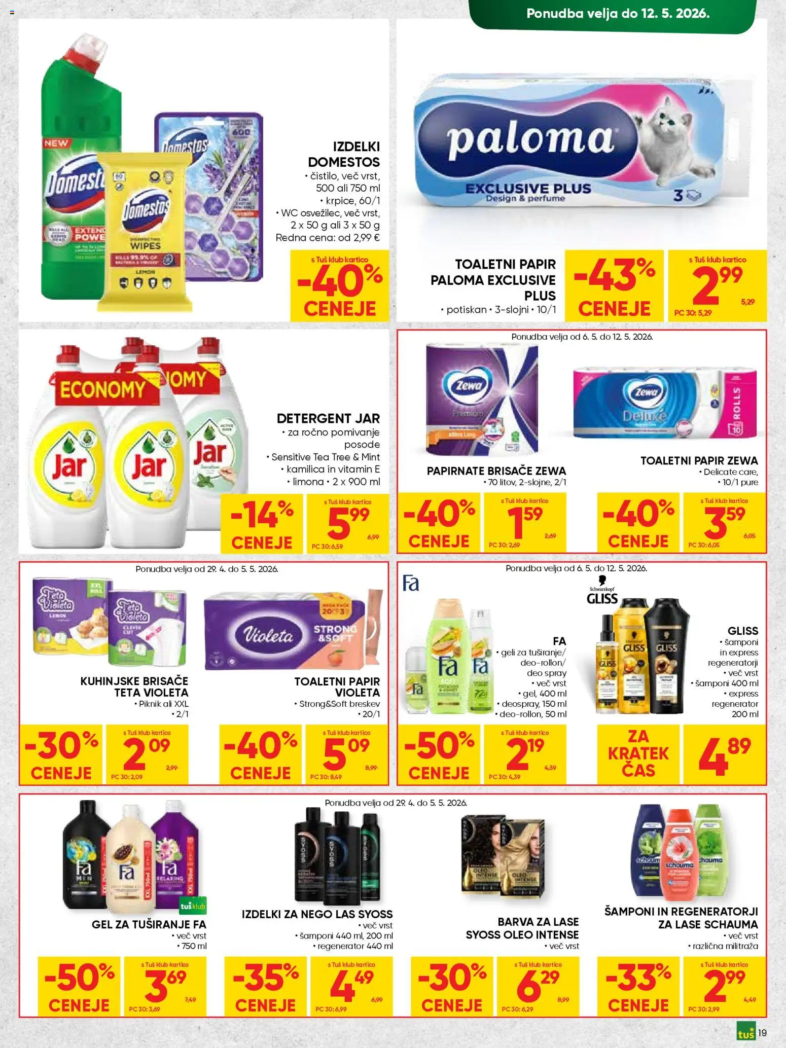 Novi Tuš katalog ponudbe – veljaven od 29.04.2026 | Stran: 19 | Izdelki: Papirnate brisače, Gel za tusiranje, Kuhinjske brisače, Detergent