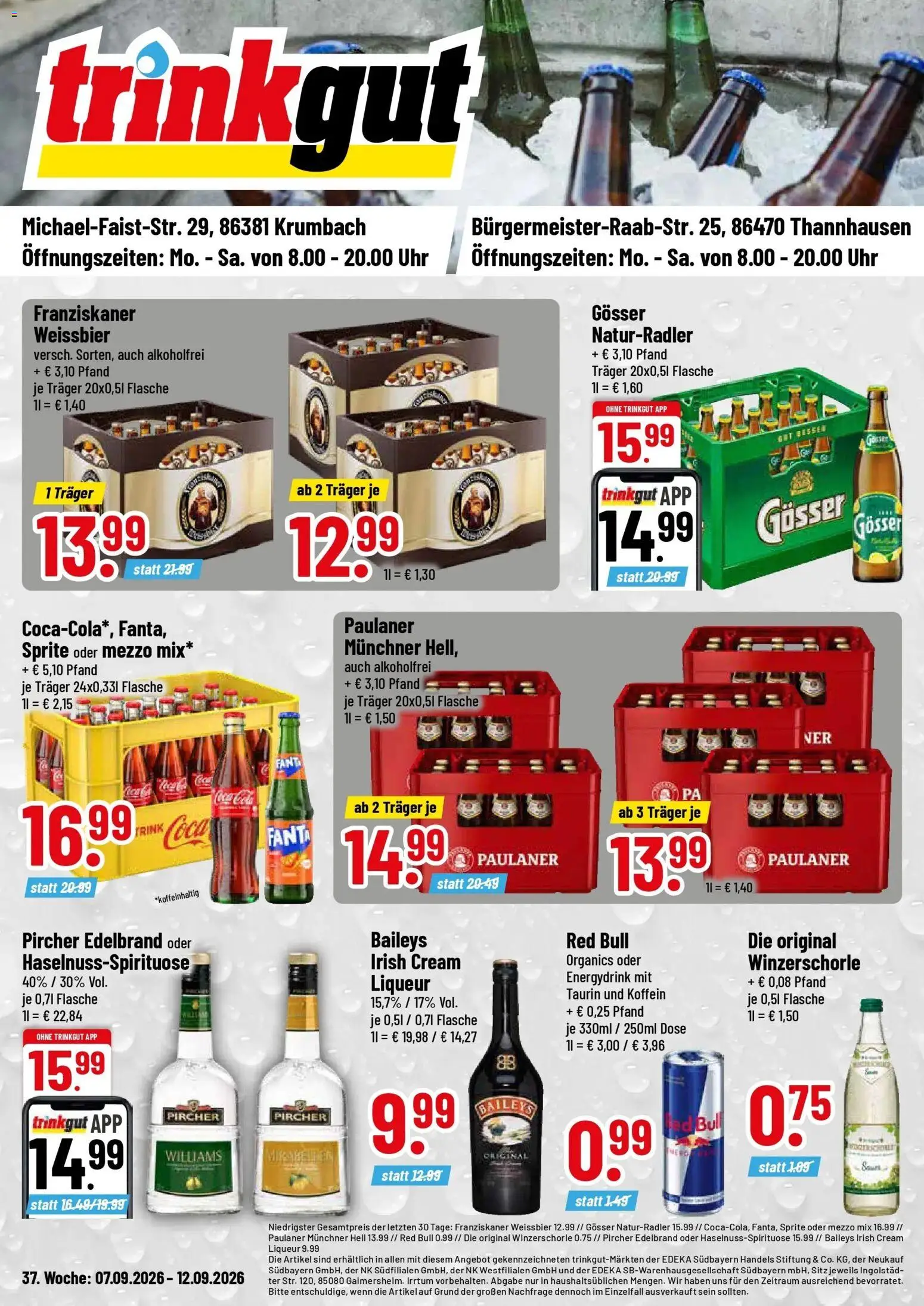 Trinkgut Prospekt Krumbach (ab 07.09.2026) » Angebote online | Seite: 1 | Produkte: Mezzo mix, Weißbier, Baileys, Uhr