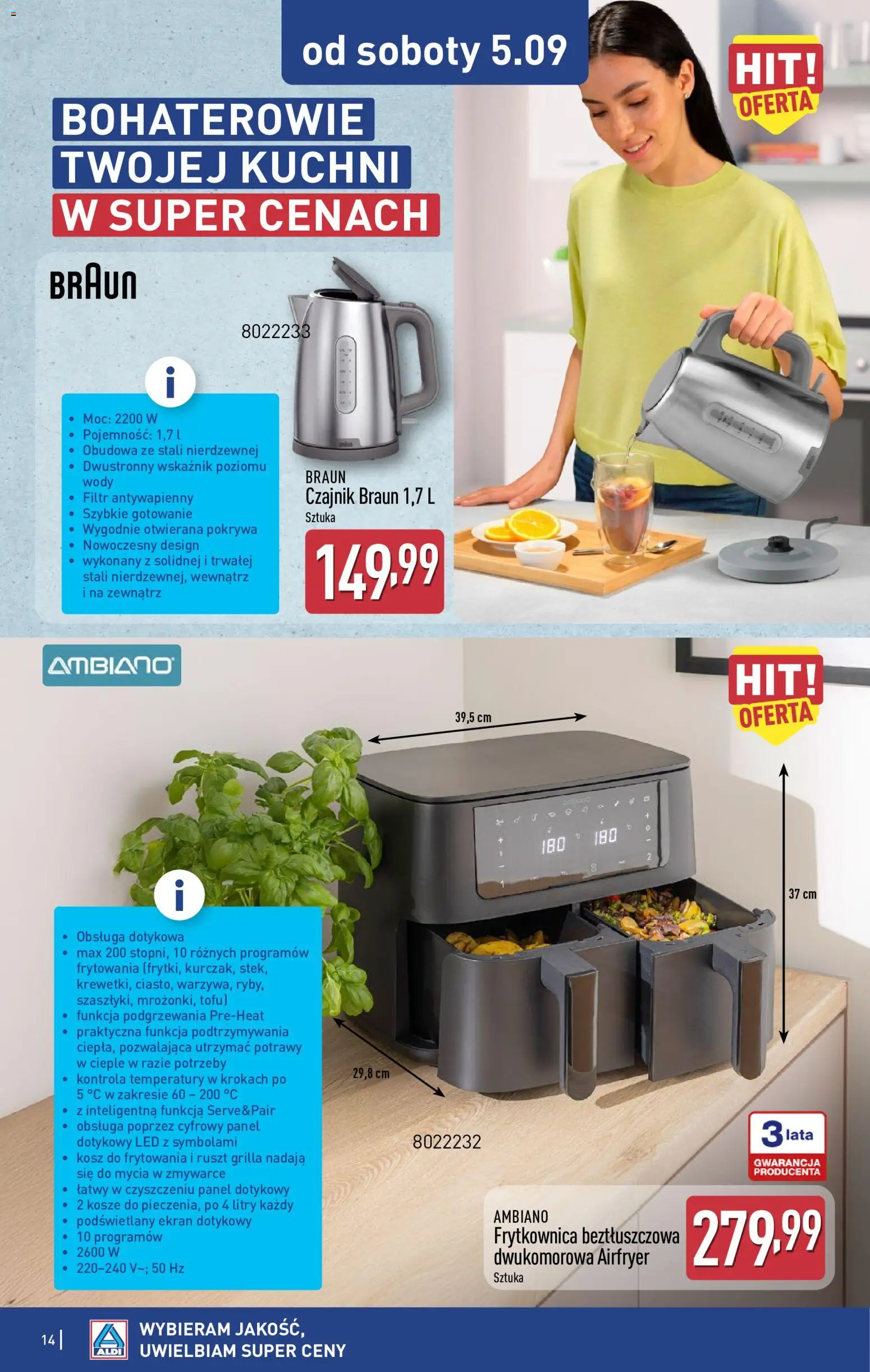 Aldi gazetka - Hity od Środy i od Soboty od 02.09.2026 | Strona: 14 | Produkty: Frytkownica, Frytkownica beztłuszczowa, Kosz, Ambiano