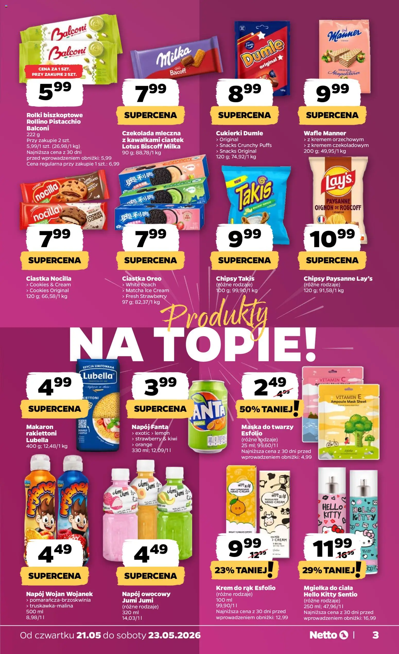 Netto gazetka od czwartku spożywcza od 21.05.2026 | Strona: 3 | Produkty: Wafle, Czekolada mleczna, Rolki, Milka