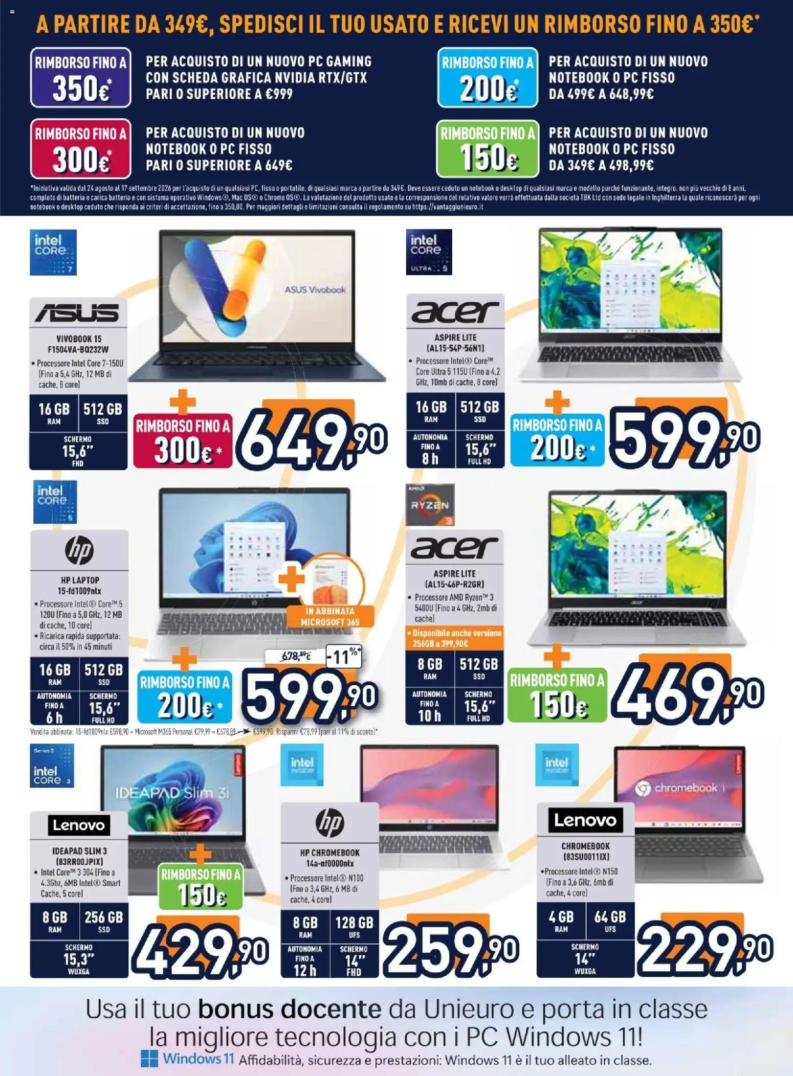Volantino Unieuro del 07/09/2026 | Pagina: 10 | Prodotti: Notebook, Porta, PC, Batteria