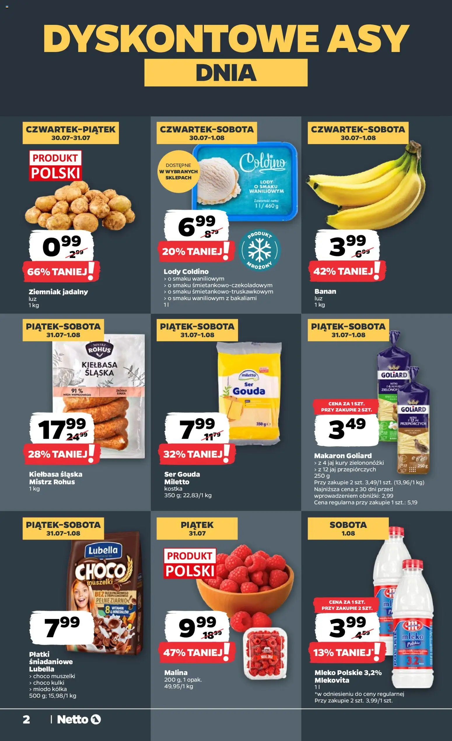 Netto gazetka od czwartku od 30.07.2026 | Strona: 2 | Produkty: Malina, Coldino lody, Płatki, Lody