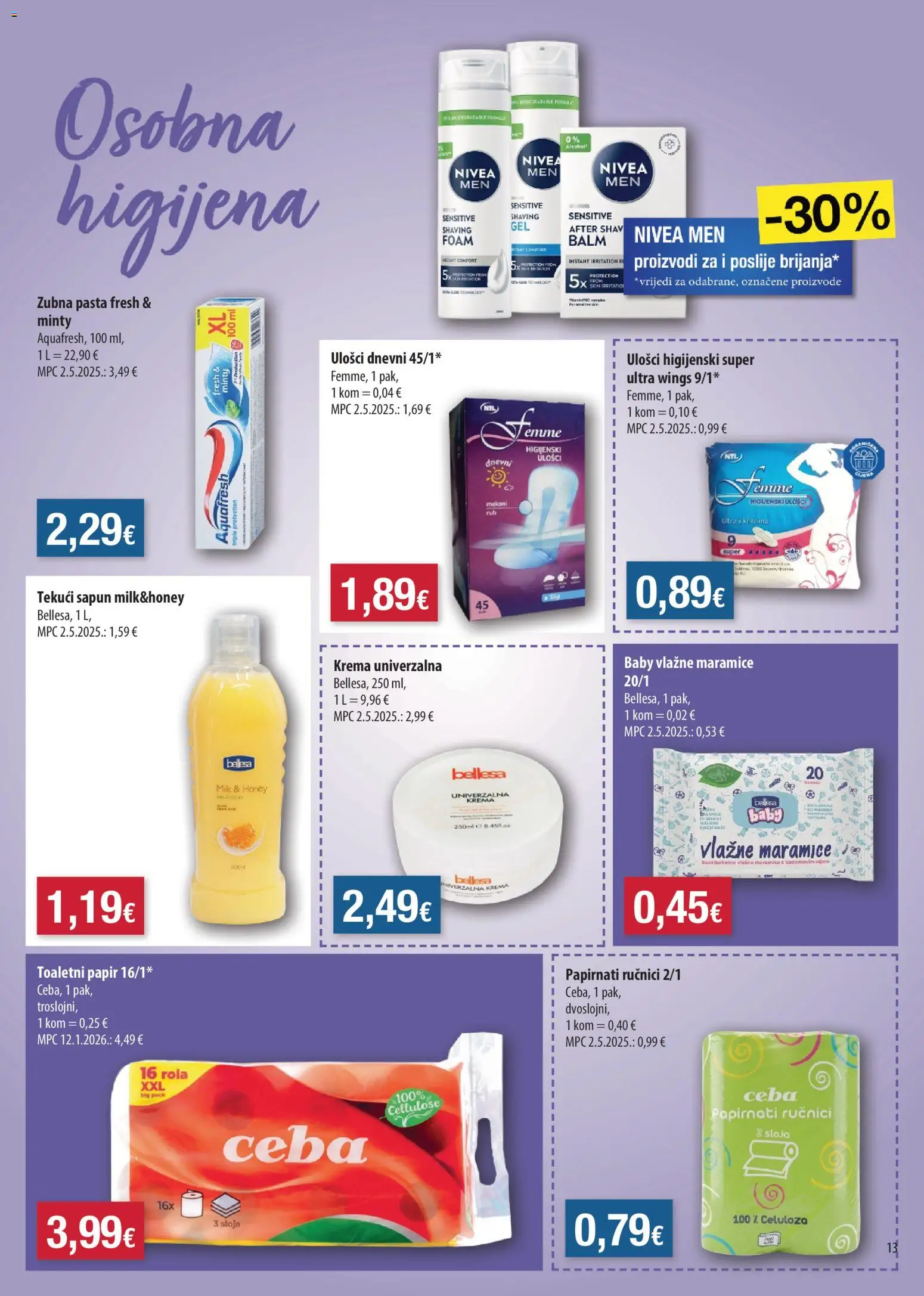 NTL katalog | vrijedi od 14.10.2026 | Stranica: 13 | Proizvodi: Vlažne maramice, Papirnati ručnici, Maramice, Pasta