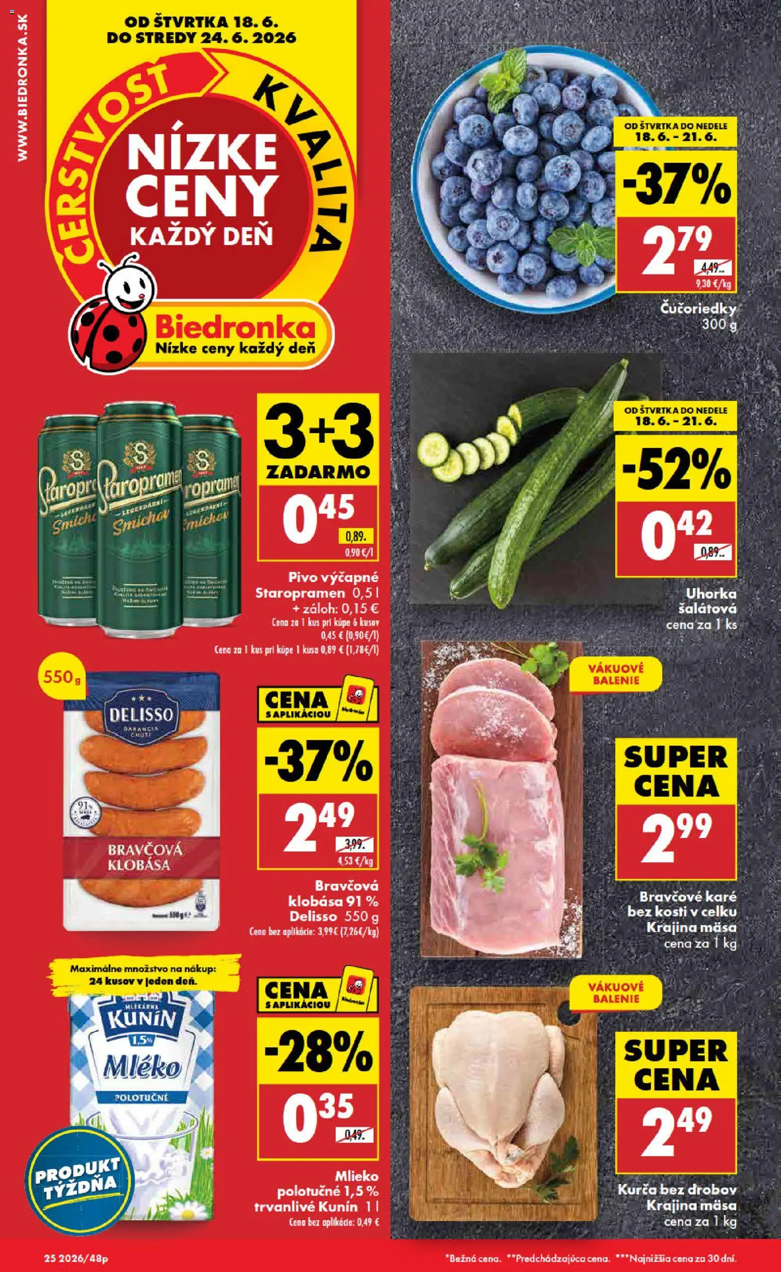 Nové Biedronka akcie – leták je platný od 18.06.2026 | Strana: 1 | Produkty: Mlieko, Pivo, Klobása, Staropramen