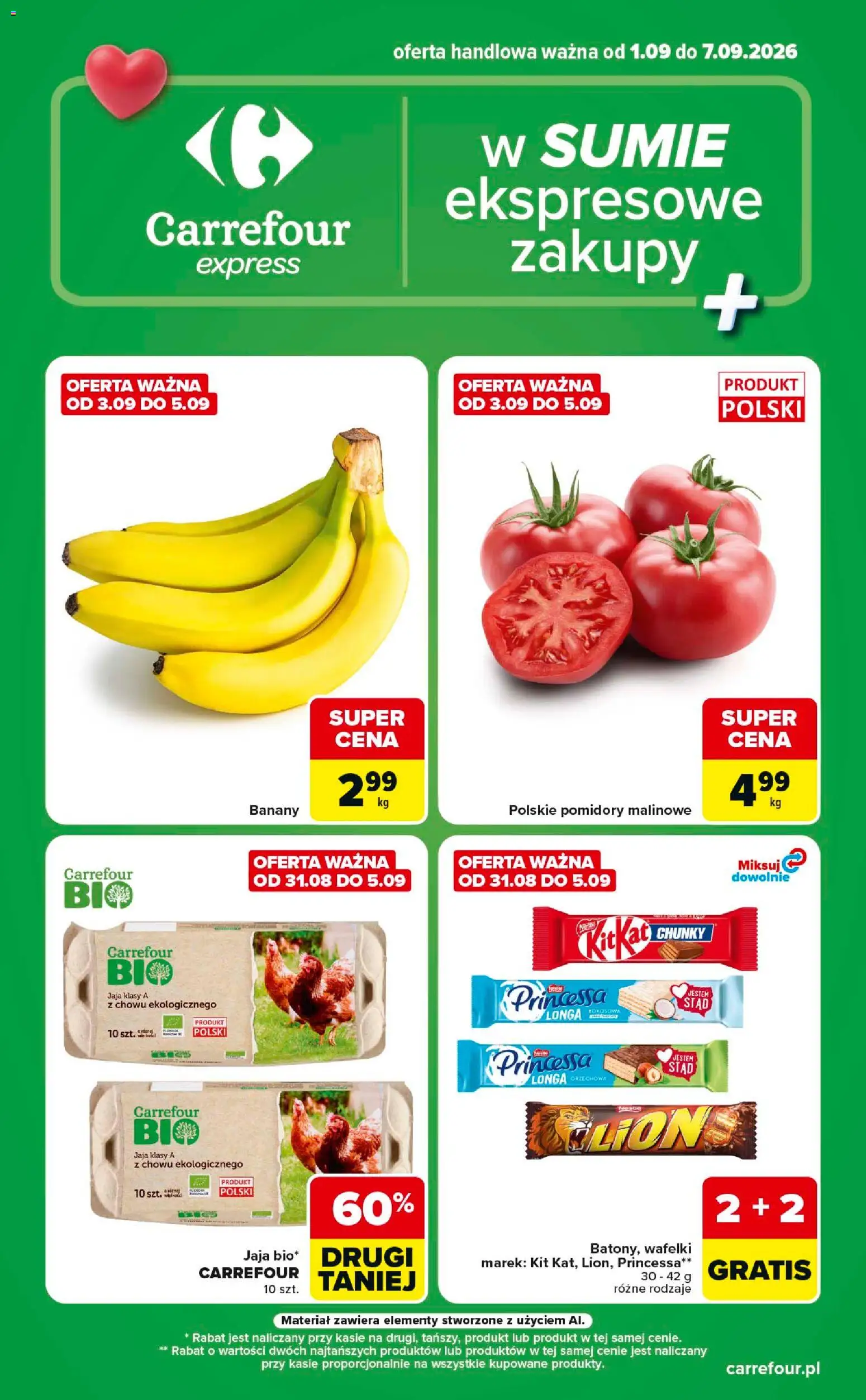 Carrefour gazetka - Express od 01.09.2026 | Strona: 1 | Produkty: Orzechowa, Pomidory malinowe, Wafelki, Jaja