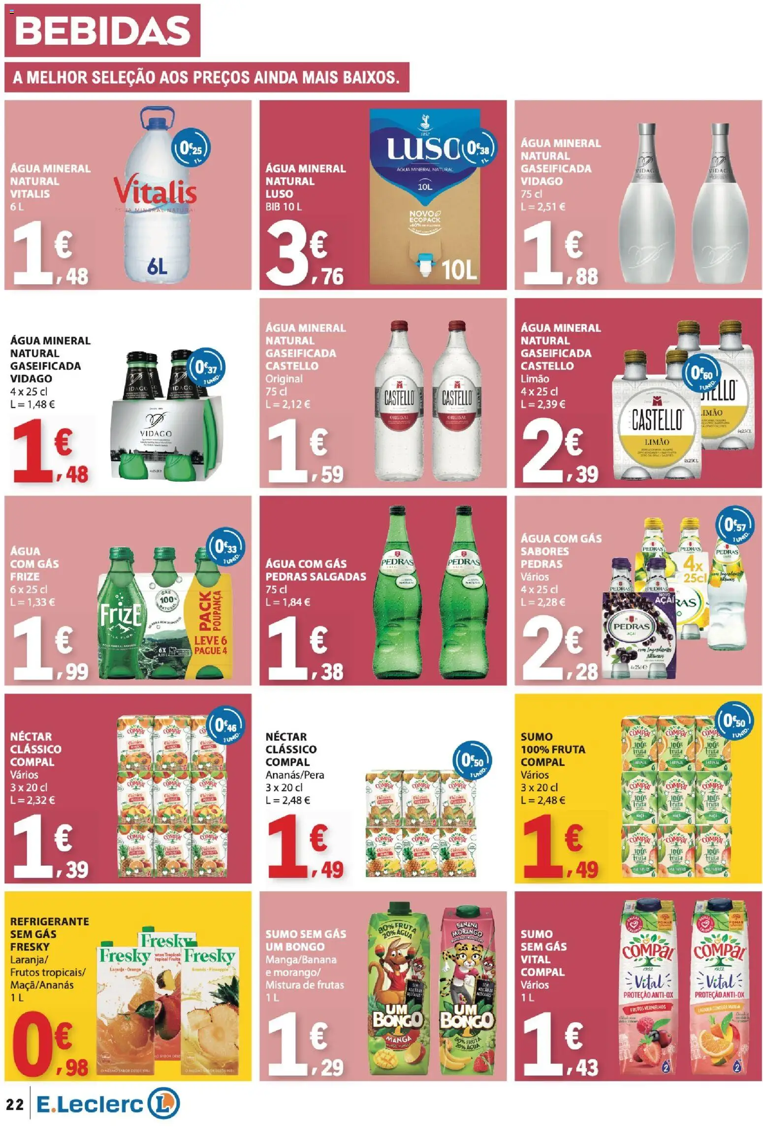E.Leclerc folheto │ válido de 16.04.2026 | Página: 22 | Produtos: Banana, Sumo, Cenoura, Água com gás