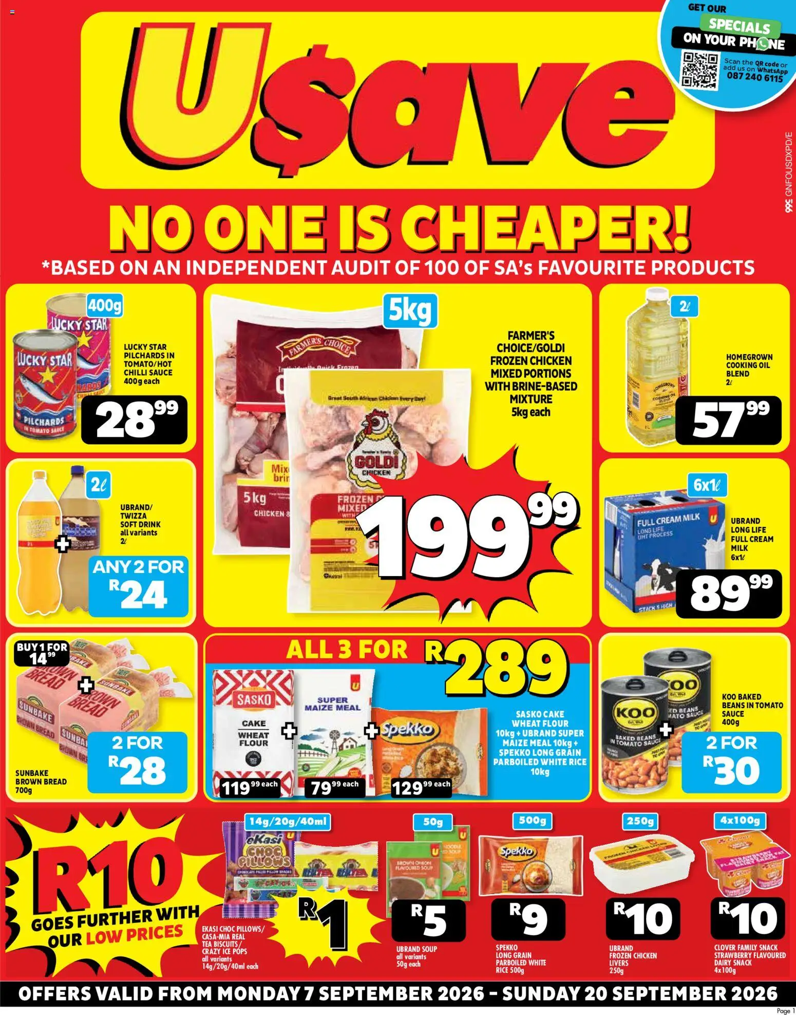 New Usave catalogue – valid from 07/09/2026 | Page: 1 | Products: Cake, Beans, Maize meal, Frozen chicken