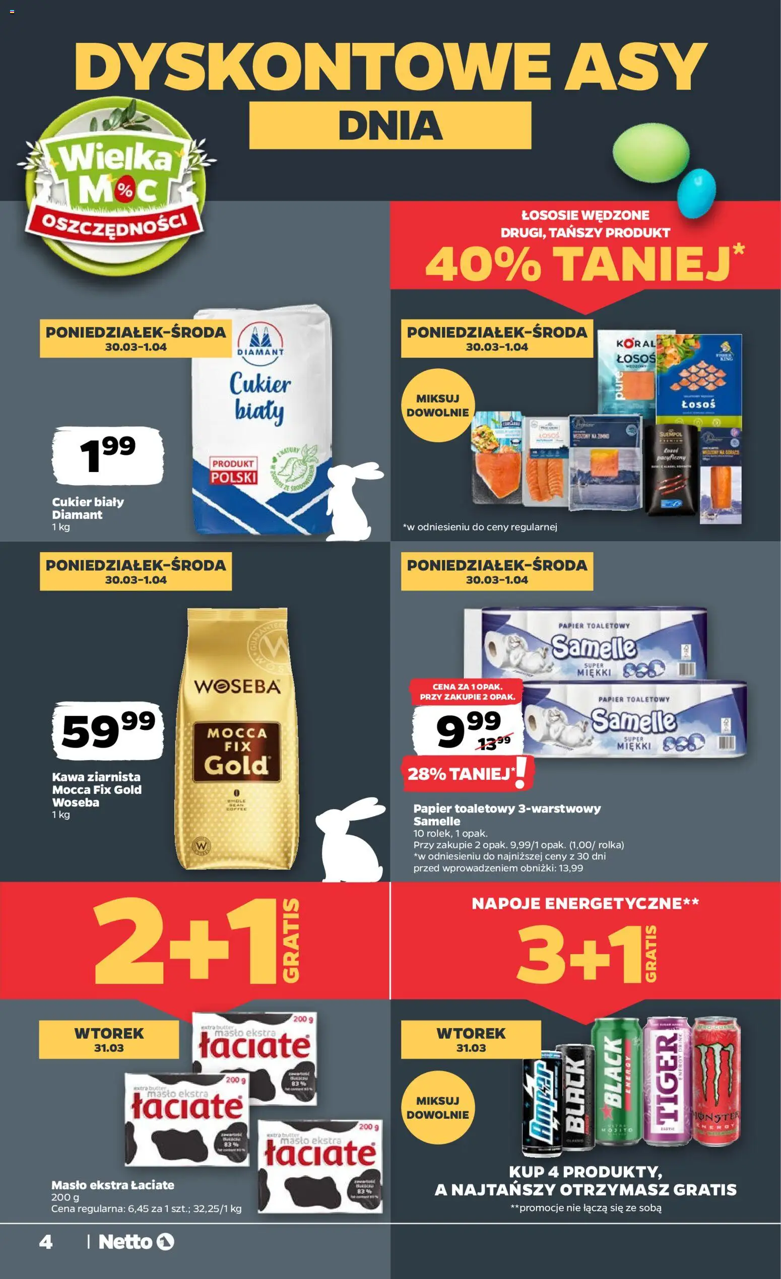 Netto gazetka od poniedziałku spożywcza od 30.03.2026 | Strona: 4 | Produkty: Kawa ziarnista, Łosoś, Cukier biały, Kawa