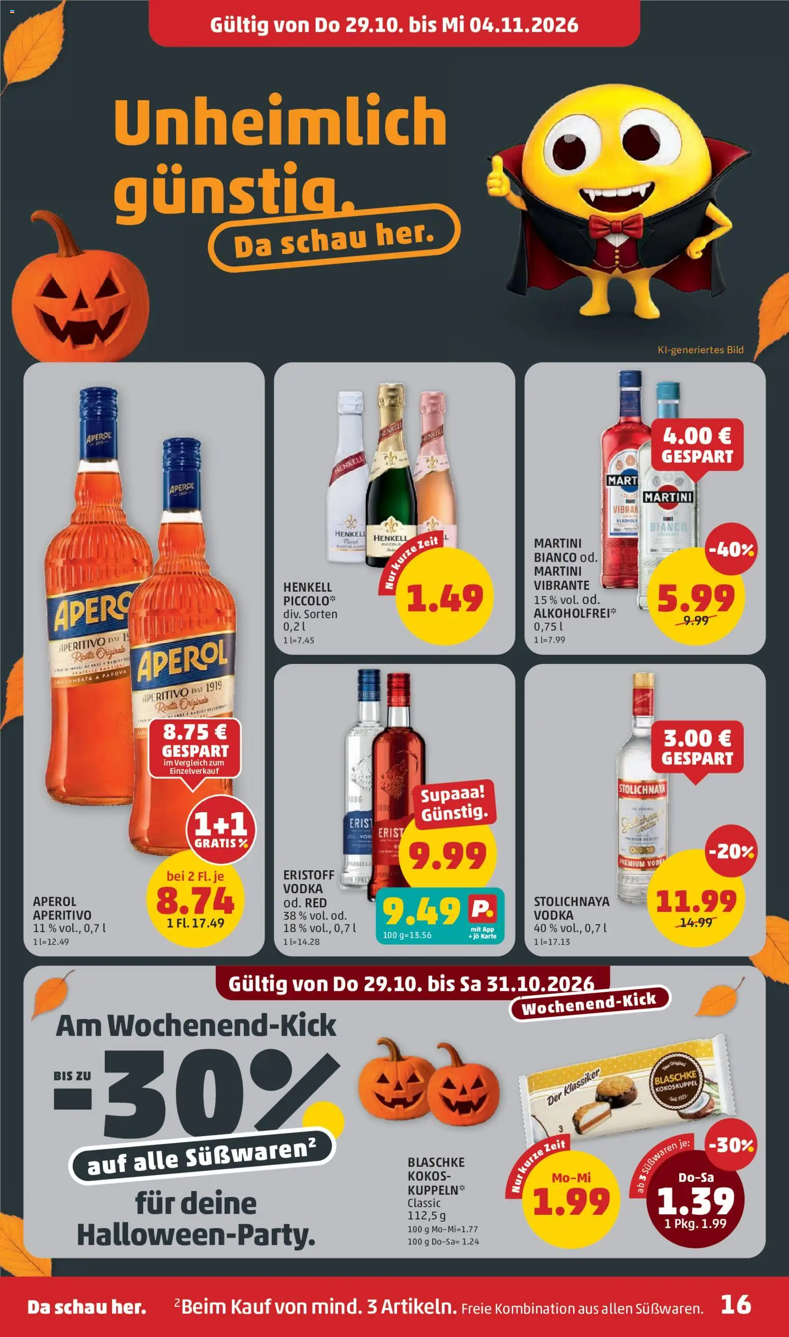 Penny Markt Flugblatt gültig ab 29.10.2026 | Seite: 16 | Produkte: Martini Bianco, Aperol, Süßwaren