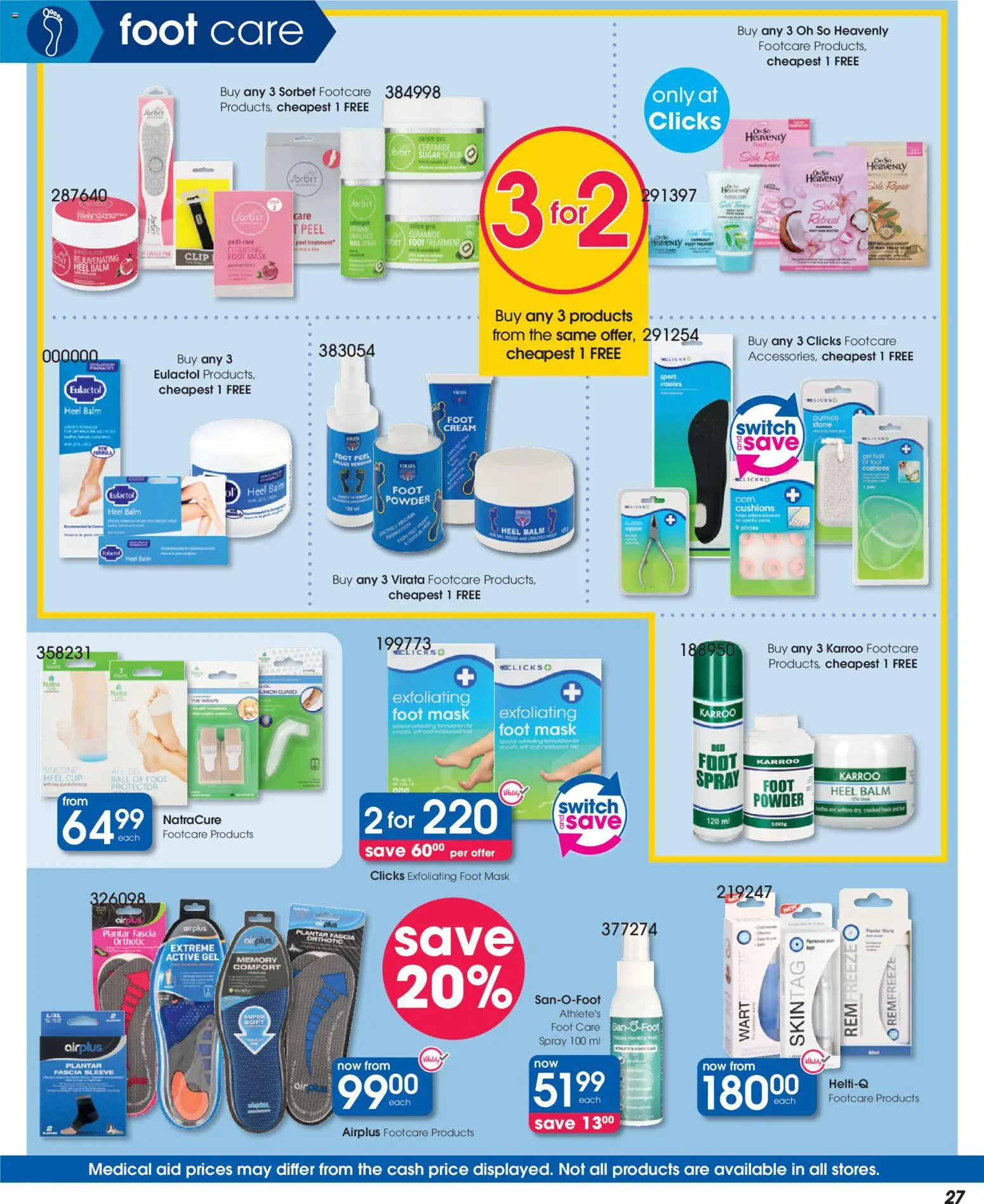 New Clicks catalogue – valid from 23.04.2026 | Page: 27 | Products: Foot powder, Corn, Switch, Scrub