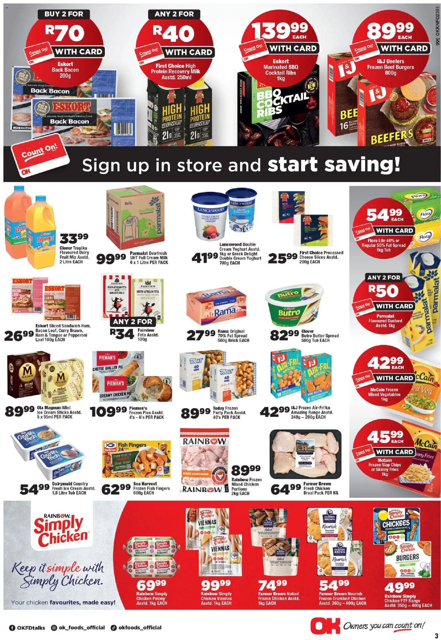 New OK Foods catalogue – valid from 25.05.2026 | Page: 3 | Products: Custard, Milk, Chips, Fat spread