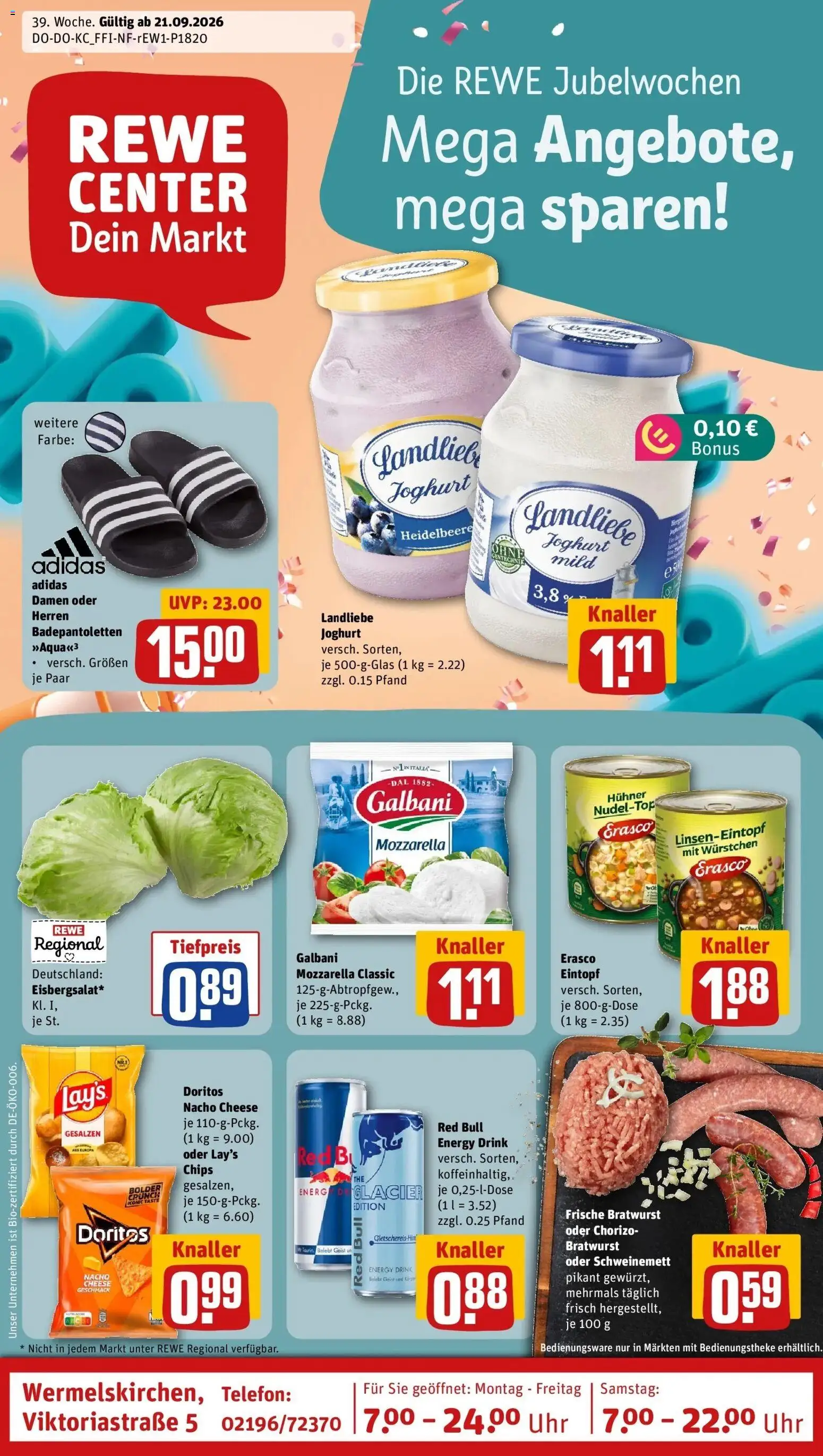 REWE Prospekt ab 21.09.2026 zum Blättern » Angebote | Seite: 1 | Produkte: Mozzarella, Bratwurst, Erasco, Chips