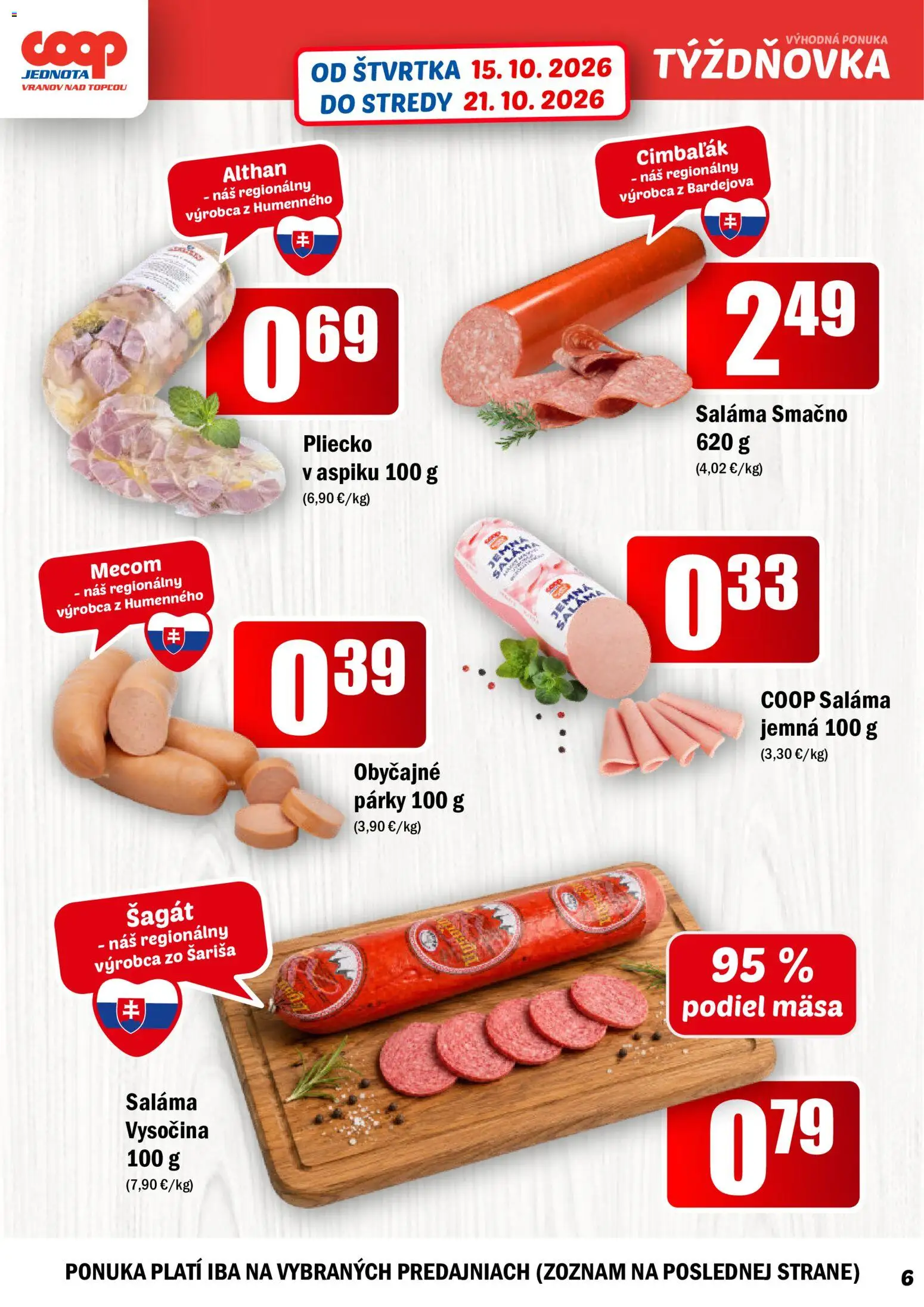 Nové COOP Jednota akcie – leták je platný od 15.10.2026 | Strana: 6 | Produkty: Saláma, Párky