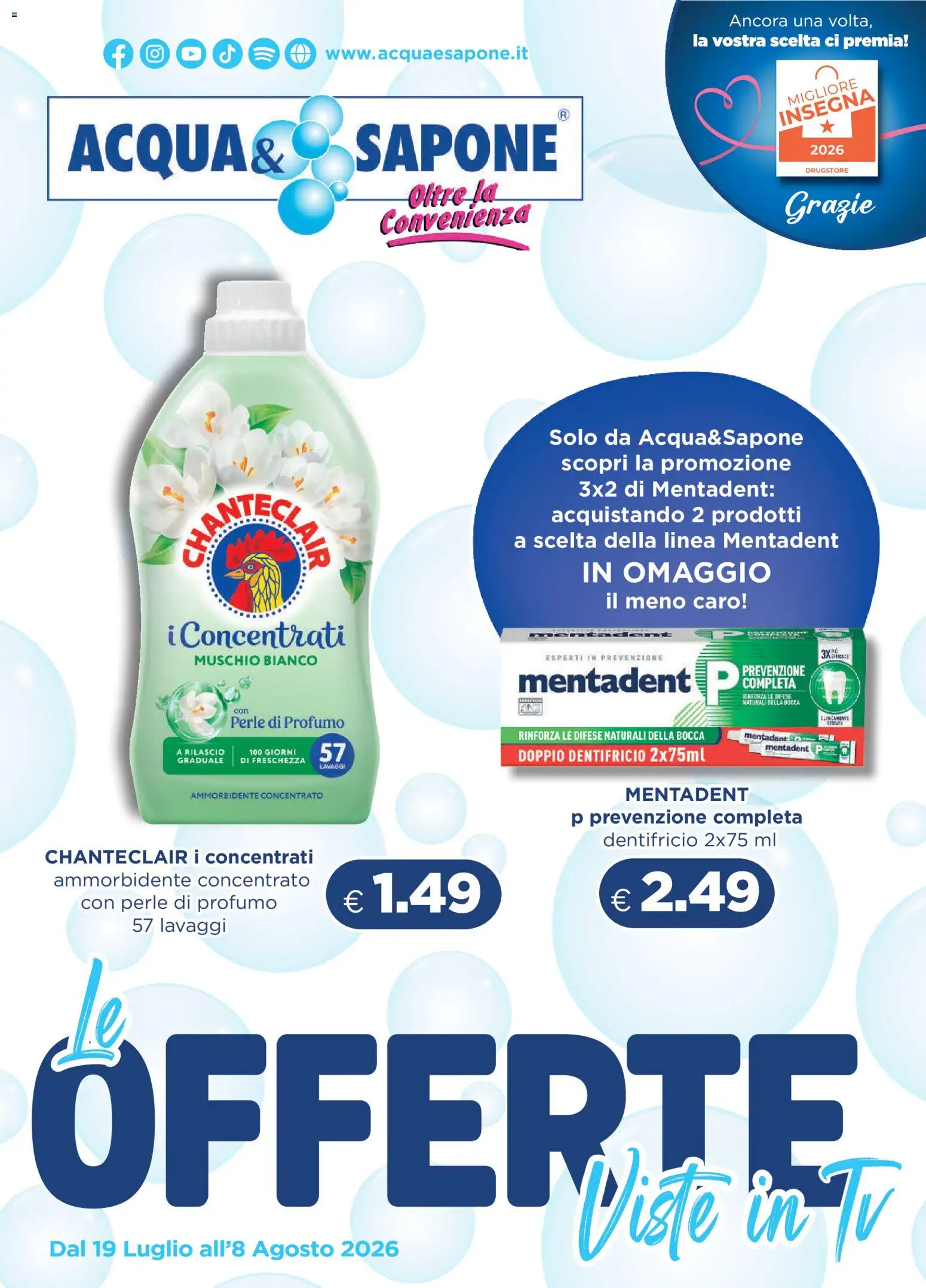 Volantino Acqua e Sapone del 19/07/2026 | Pagina: 1 | Prodotti: Dentifricio, Ammorbidente, TV, Profumo