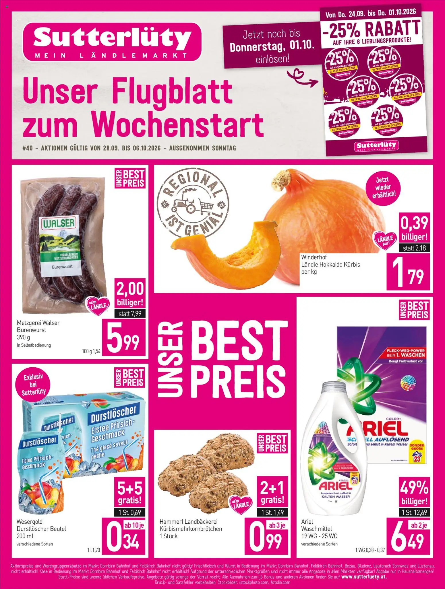 Sutterlüty Flugblatt gültig ab 28.09.2026 | Seite: 1 | Produkte: Wurst, Pfirsich, Kürbis, Waschmittel