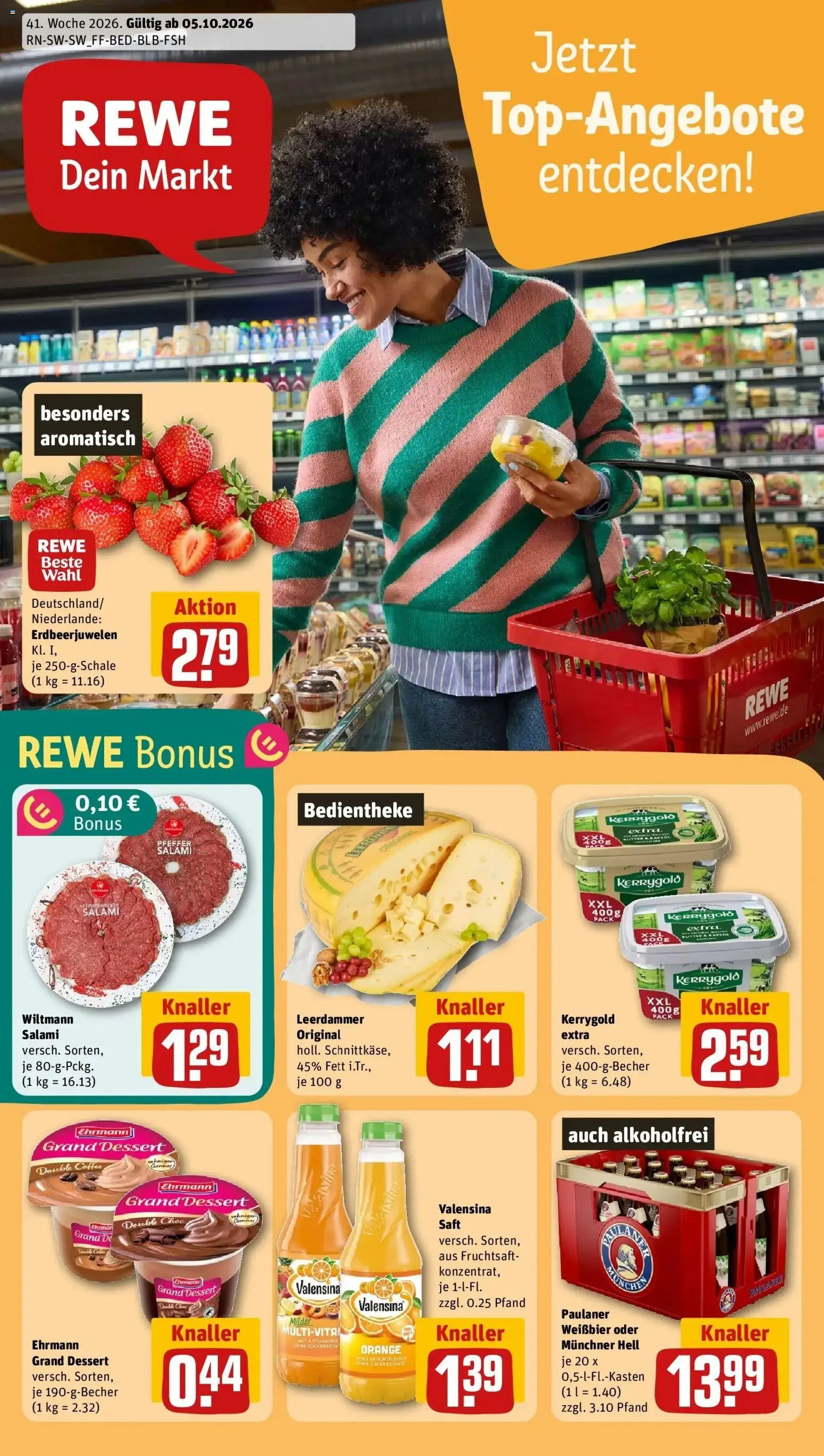 REWE Prospekt ab 05.10.2026 zum Blättern » Angebote | Seite: 1 | Produkte: Weißbier, Salami, Fruchtsaft, Paulaner