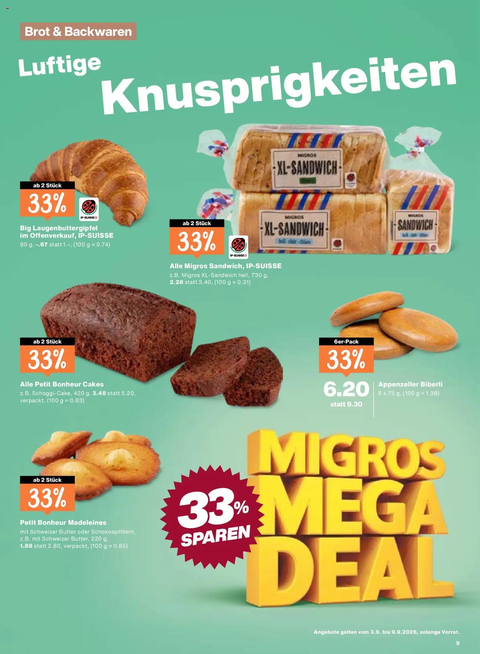 Migros aktionen – gültig ab 03.09.2026 | Seite: 9 | Produkte: Madeleines, Butter, Brot