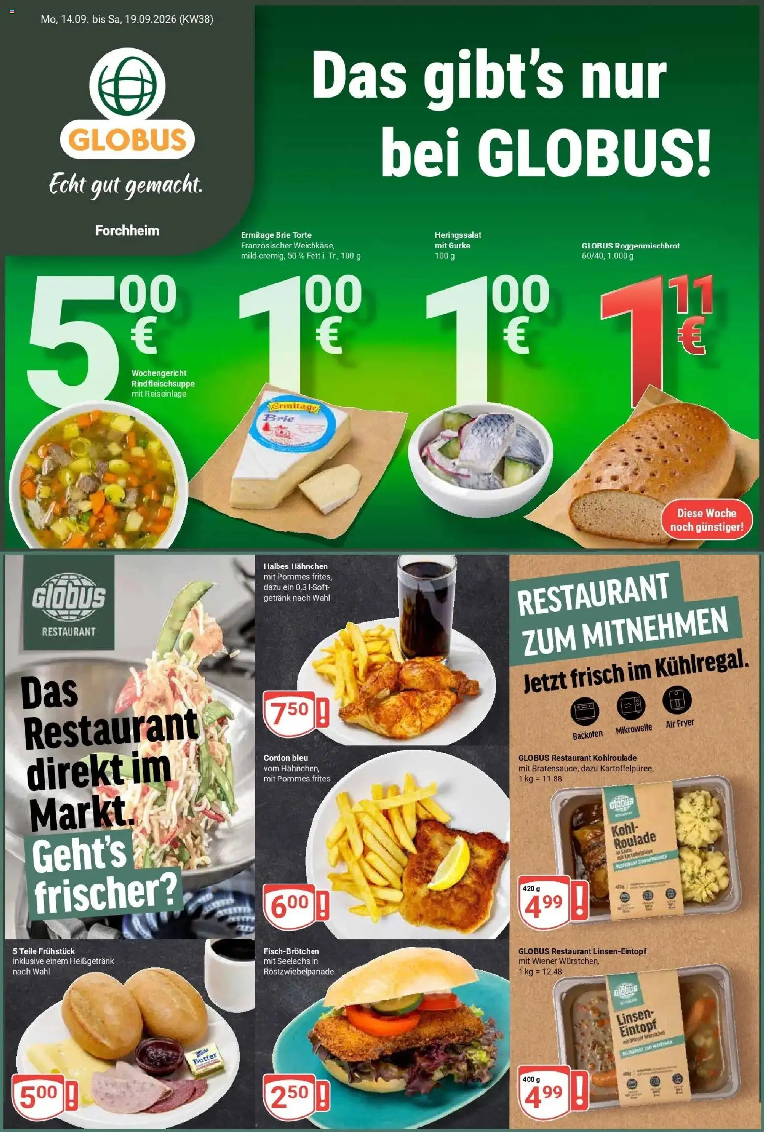 Globus Prospekt Forchheim (ab 14.09.2026) » Angebote online | Seite: 1 | Produkte: Mikrowelle, Butter, Pommes frites, Backofen