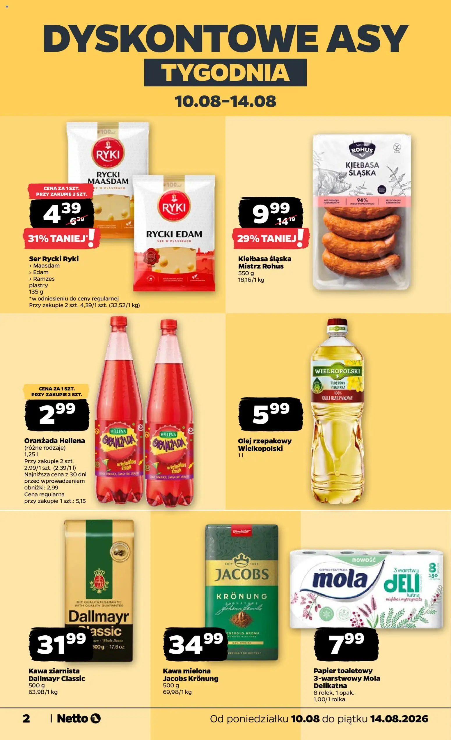 Netto gazetka od poniedziałku od 10.08.2026 | Strona: 2 | Produkty: Kiełbasa, Oranżada, Dallmayr, Kawa