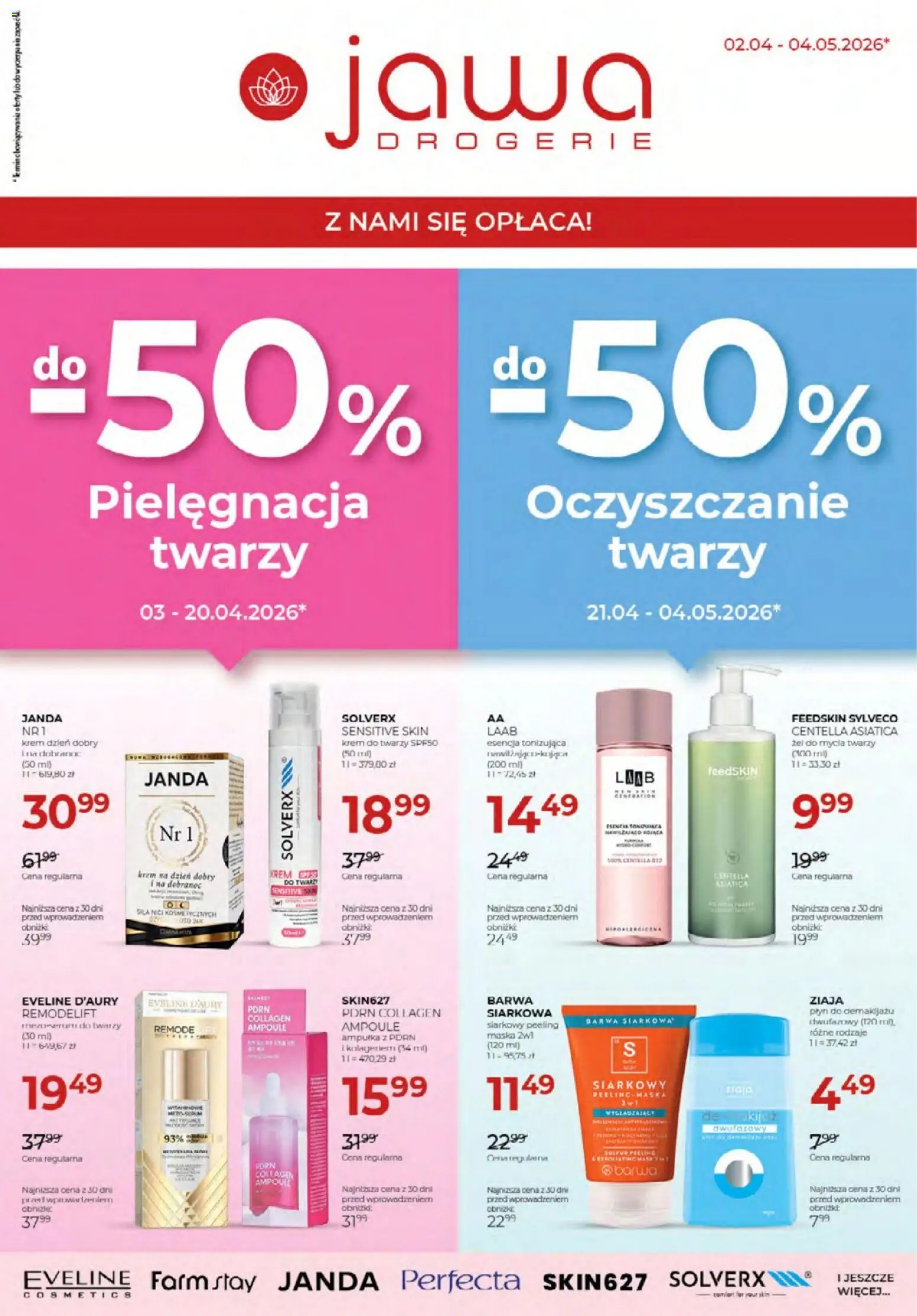 Jawa gazetka od 02.04.2026 | Strona: 1 | Produkty: Płyn do demakijażu, Peeling, Krem, Krem do twarzy