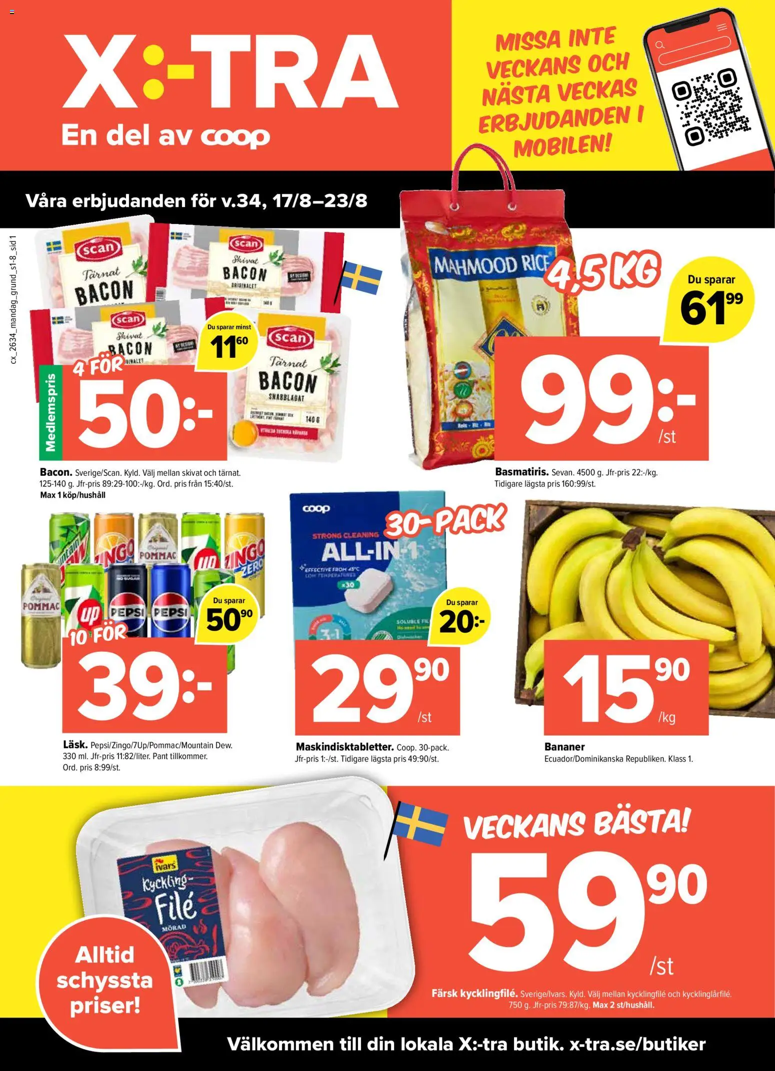 Coop Daglivs reklamblad aktuell från 17/08/2026 | Sida: 1 | Produkter: Kycklingfile, Pepsi, Bananer, Kyckling