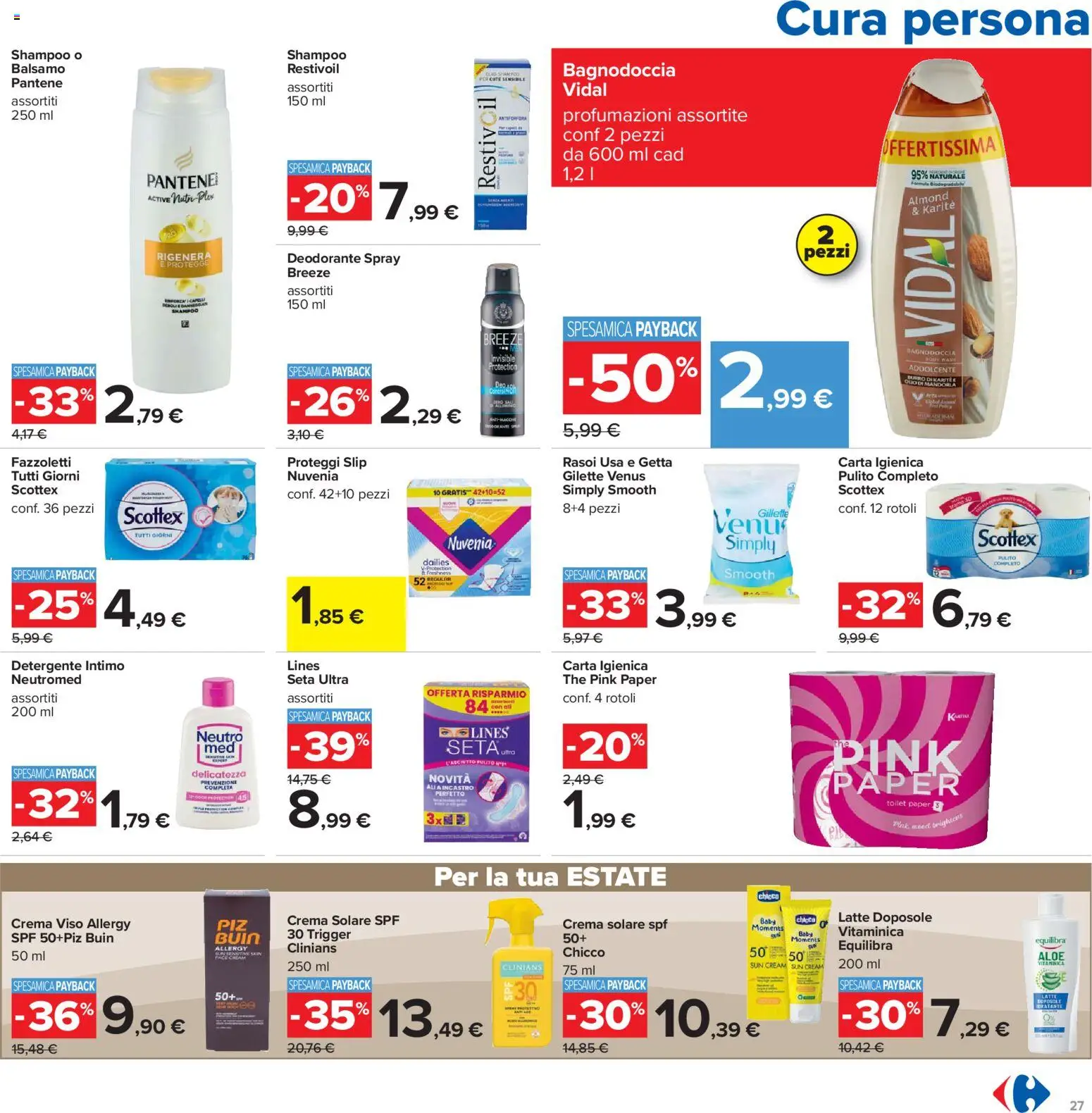 Volantino Carrefour del 19.05.2026 | Pagina: 27 | Prodotti: Shampoo, Crema solare, Fazzoletti, Slip