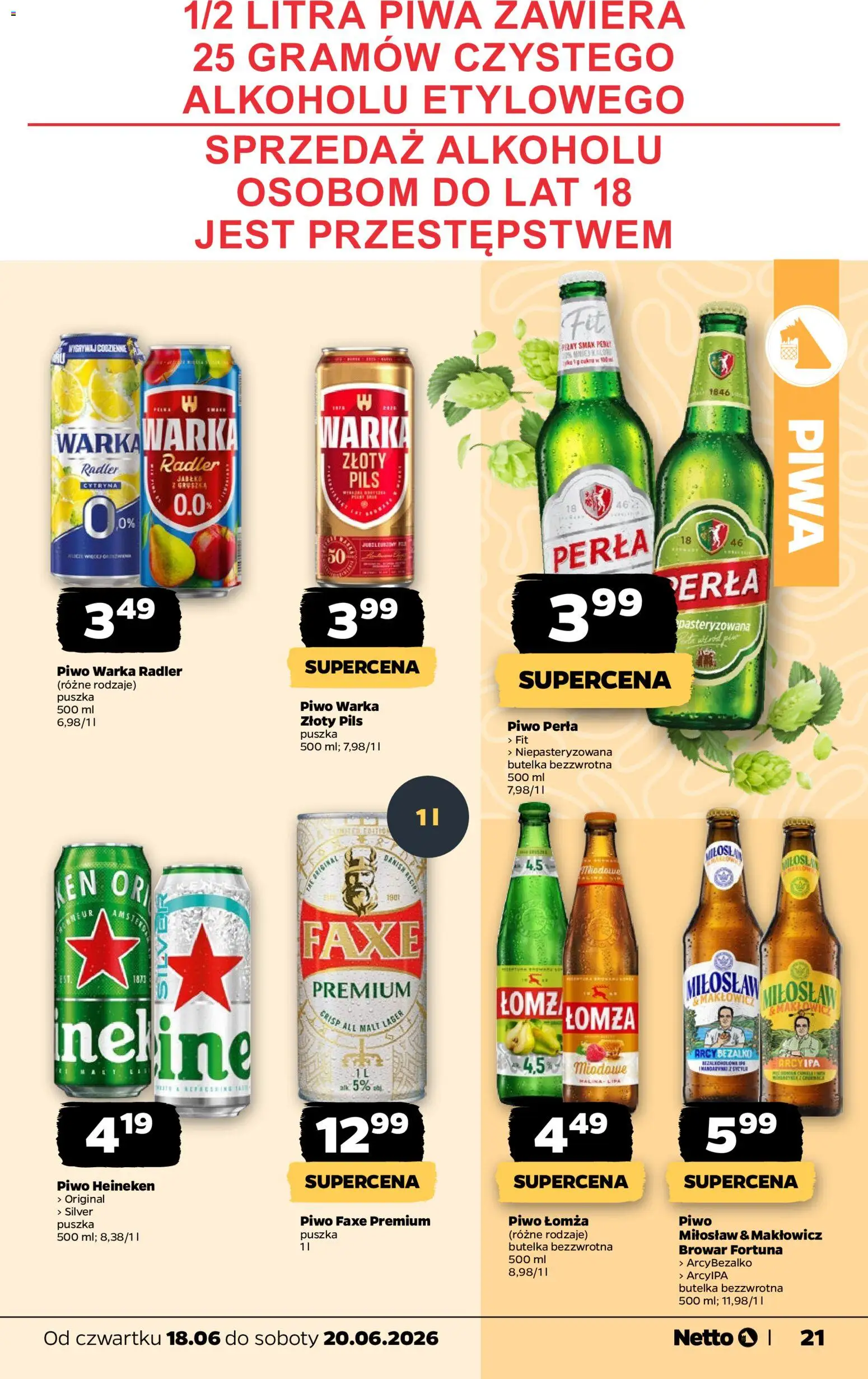 Netto gazetka od czwartku spożywcza od 18.06.2026 | Strona: 21 | Produkty: Piwo perła, Warka, Piwo Warka, Heineken