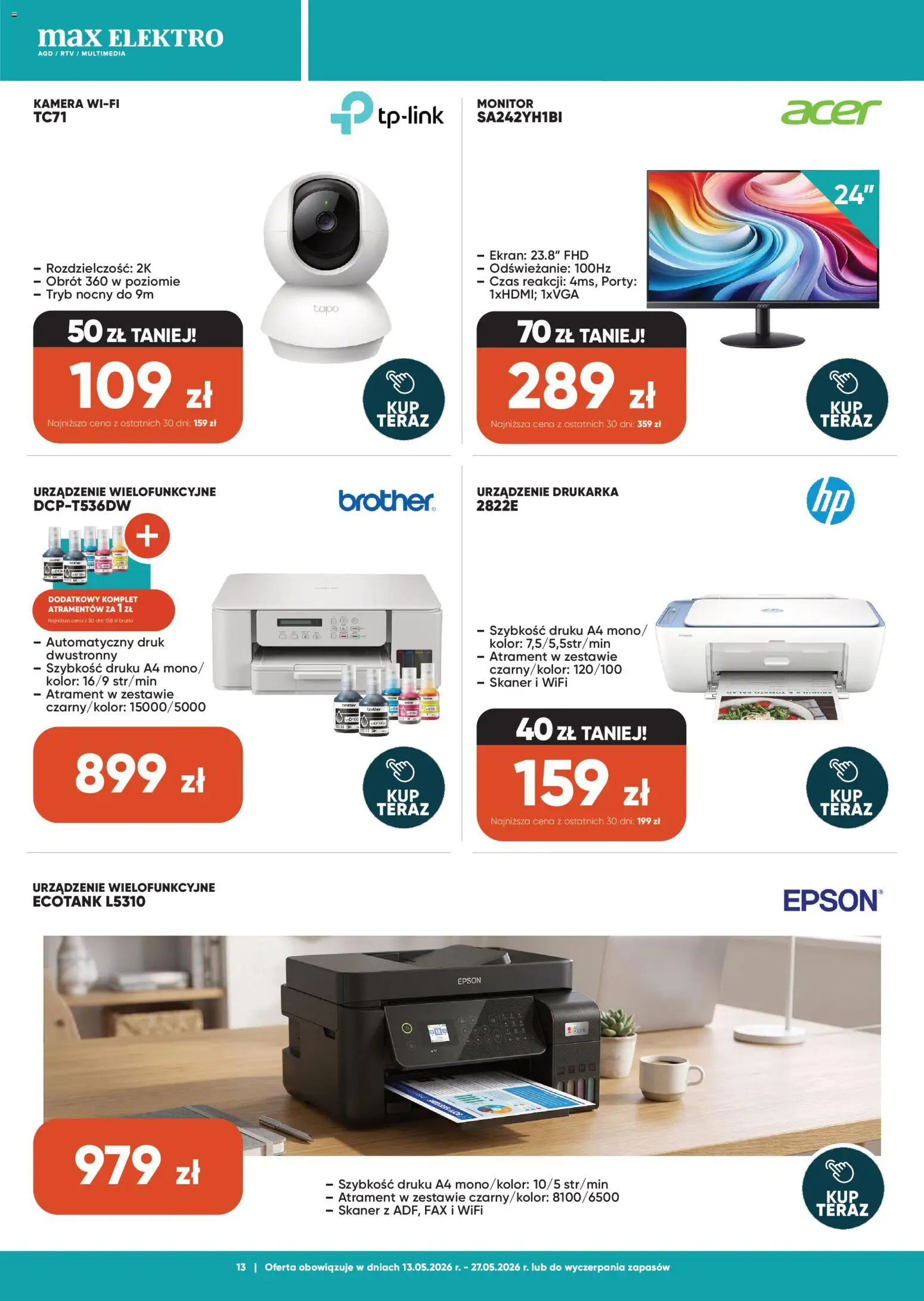 Max elektro gazetka od 13.05.2026 | Strona: 13 | Produkty: Monitor, Drukarka, Skaner