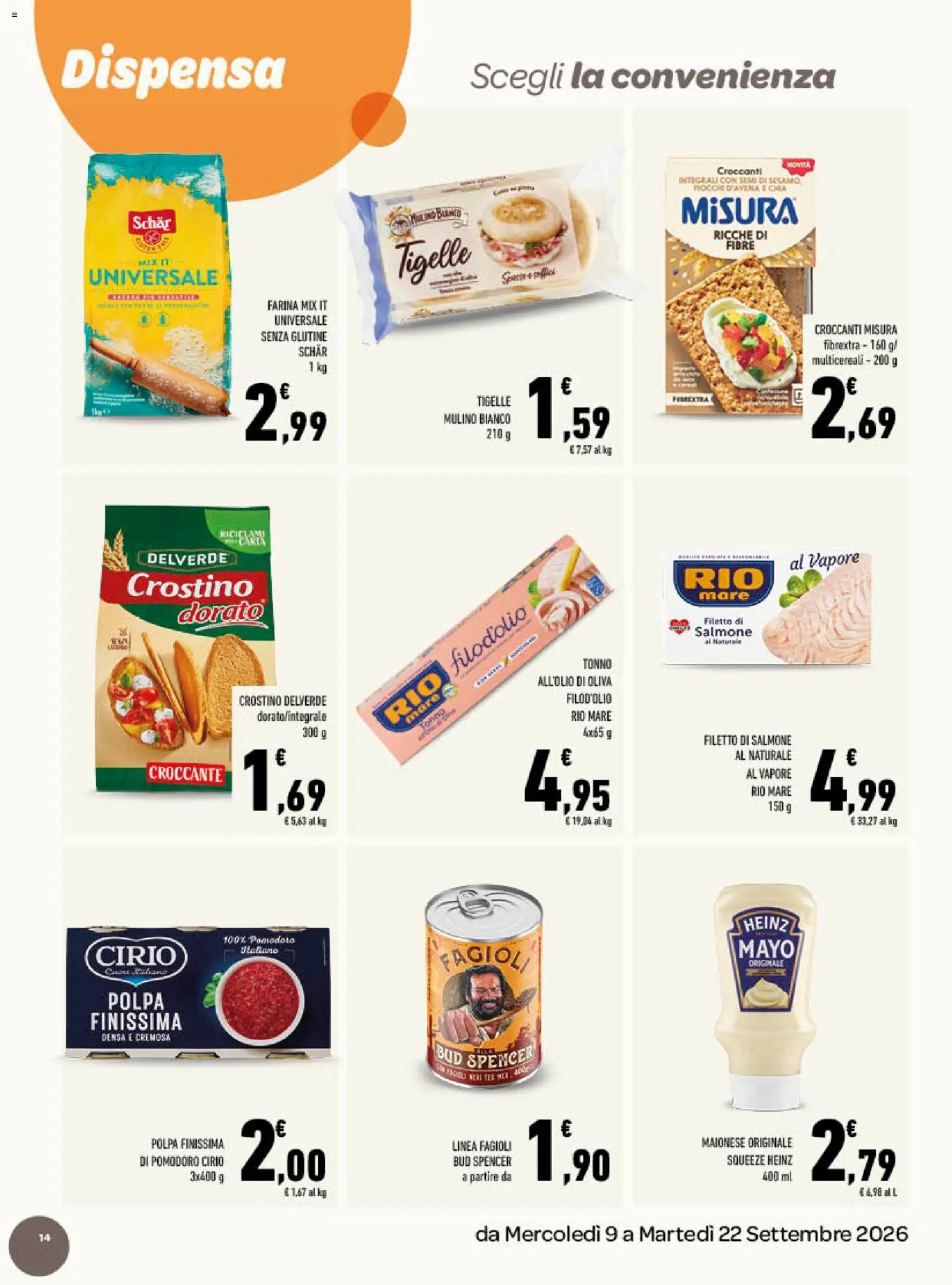 Volantino Conad del 09/09/2026 | Pagina: 14 | Prodotti: Filetto di salmone, Maionese, Pomodoro, Farina