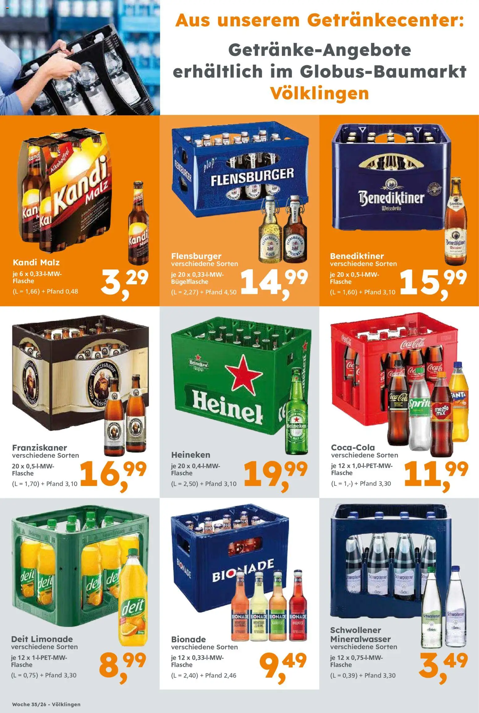 Globus Baumarkt Prospekt Saarbrücken – gültig ab 24.08.2026 | Seite: 12 | Produkte: Fanta, Sprite, Bionade, Heineken