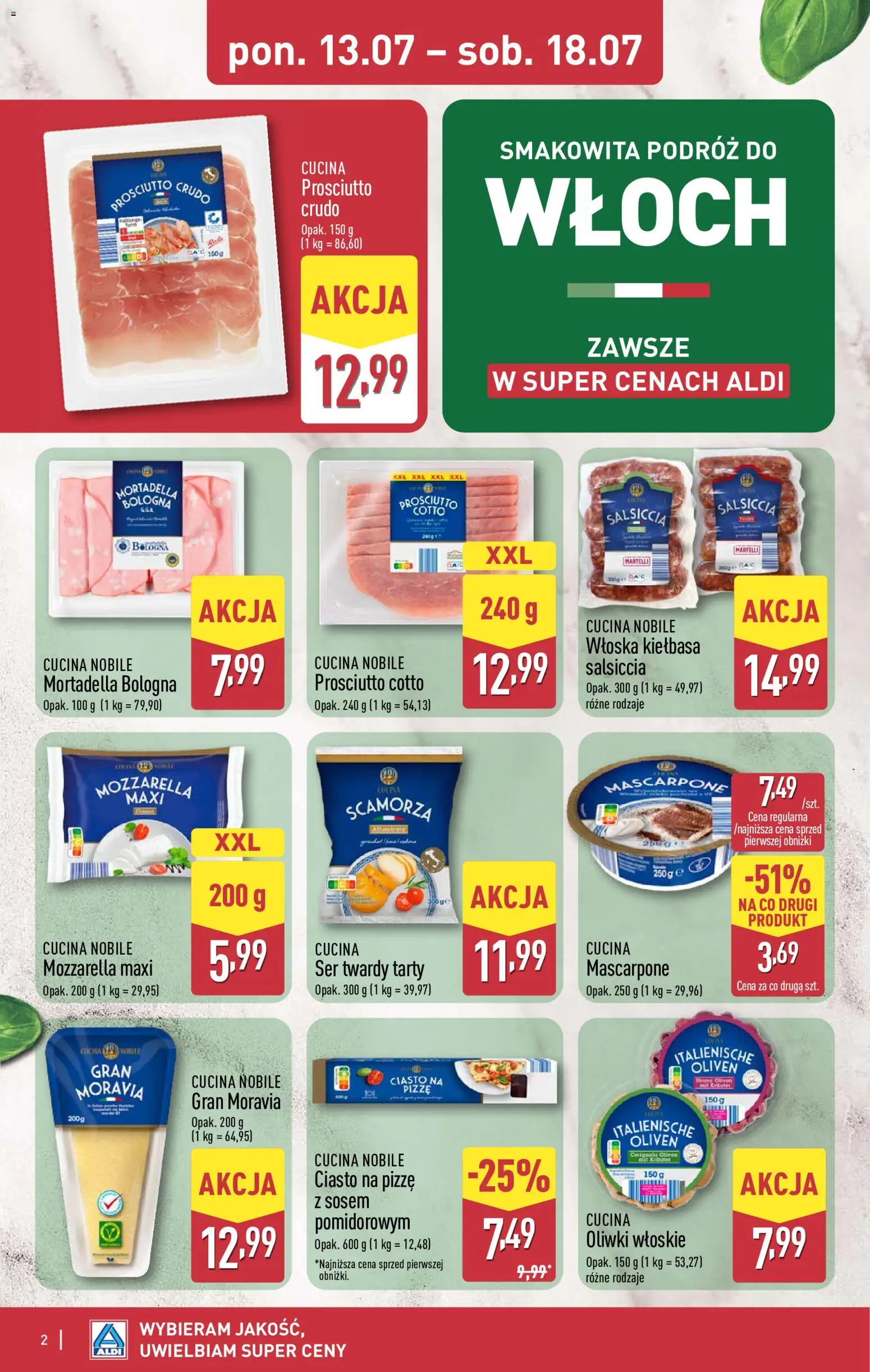 Aldi gazetka - Smakowita podróż do Włoch od 13.07.2026 | Strona: 2 | Produkty: Kiełbasa, Ciasto na pizze, Prosciutto, Mozzarella