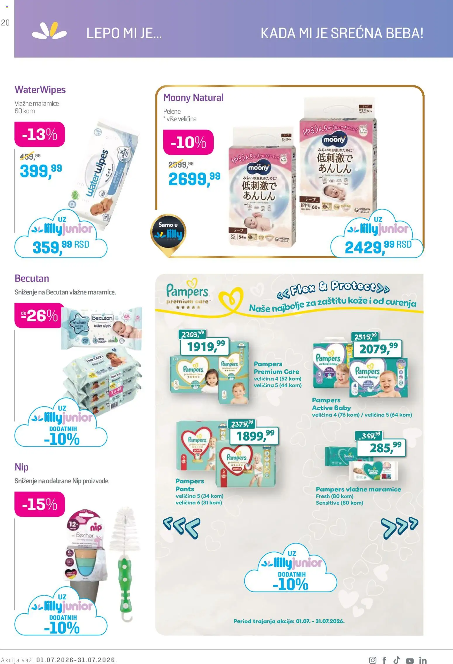 Lilly drogerie katalog - važi od 01.07.2026 | Strana: 20 | Proizvode: Pampers, Vlažne maramice, Pelene