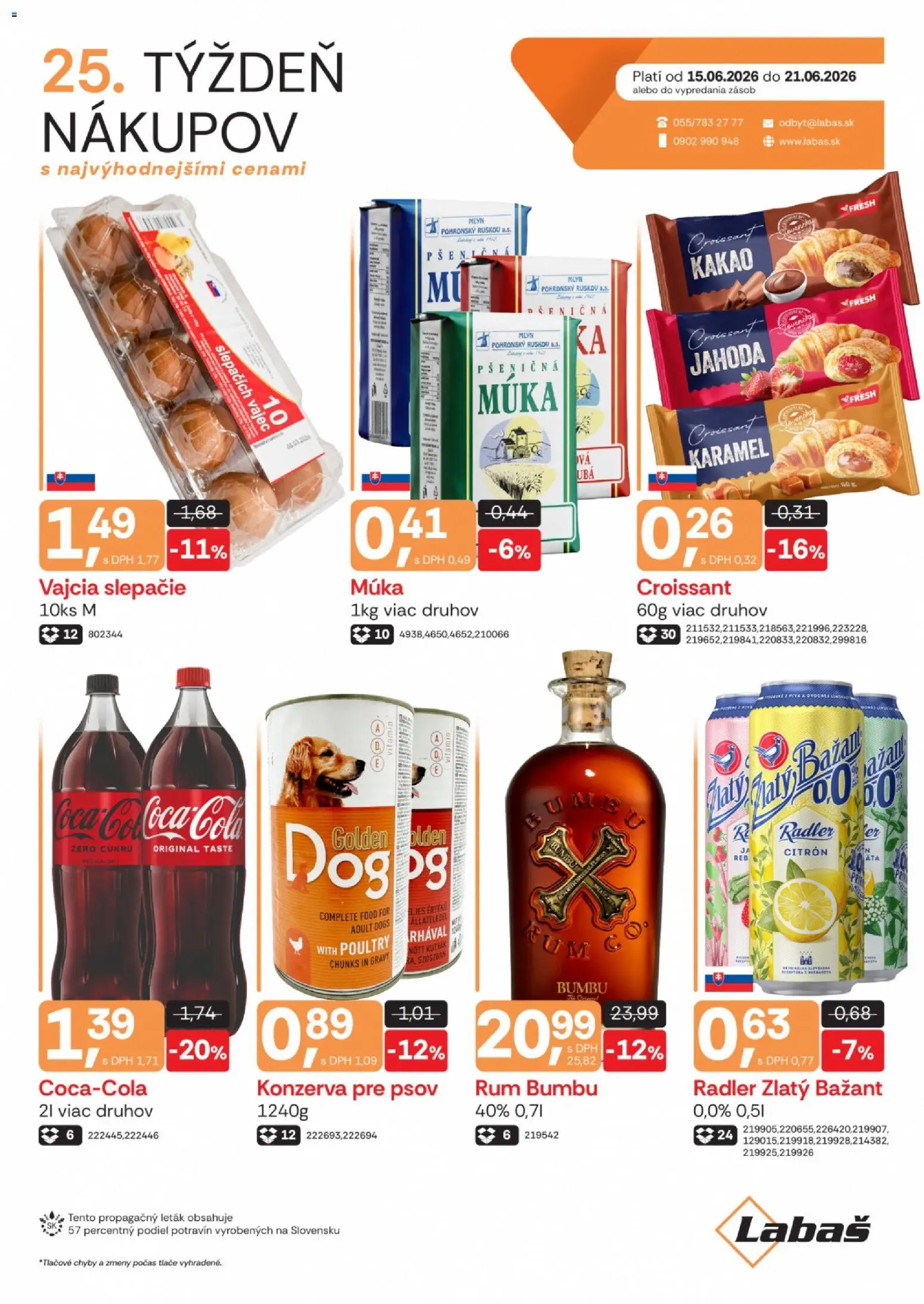 Nové Labaš akcie – leták je platný od 15.06.2026 | Strana: 1 | Produkty: Vajcia, Radler, Múka, Kakao