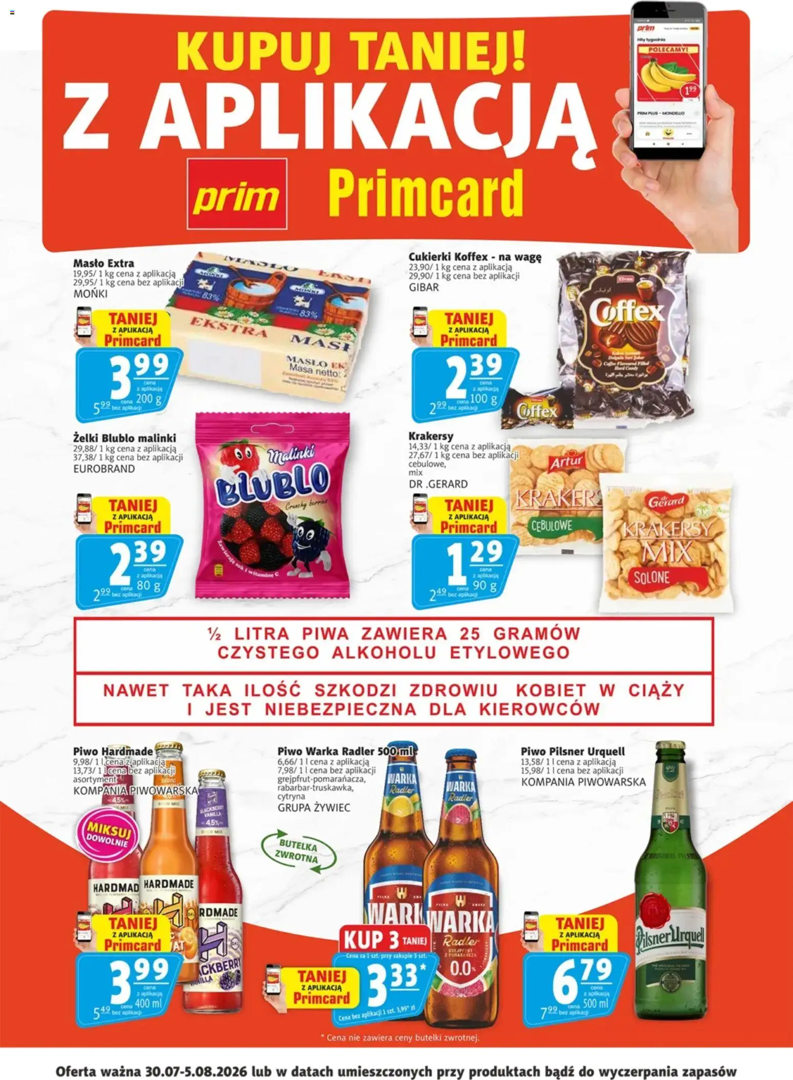 Prim Market promocje - Primcard od 30.07.2026 | Strona: 1 | Produkty: Piwo Warka, Krakersy, Żelki, Grejpfrut