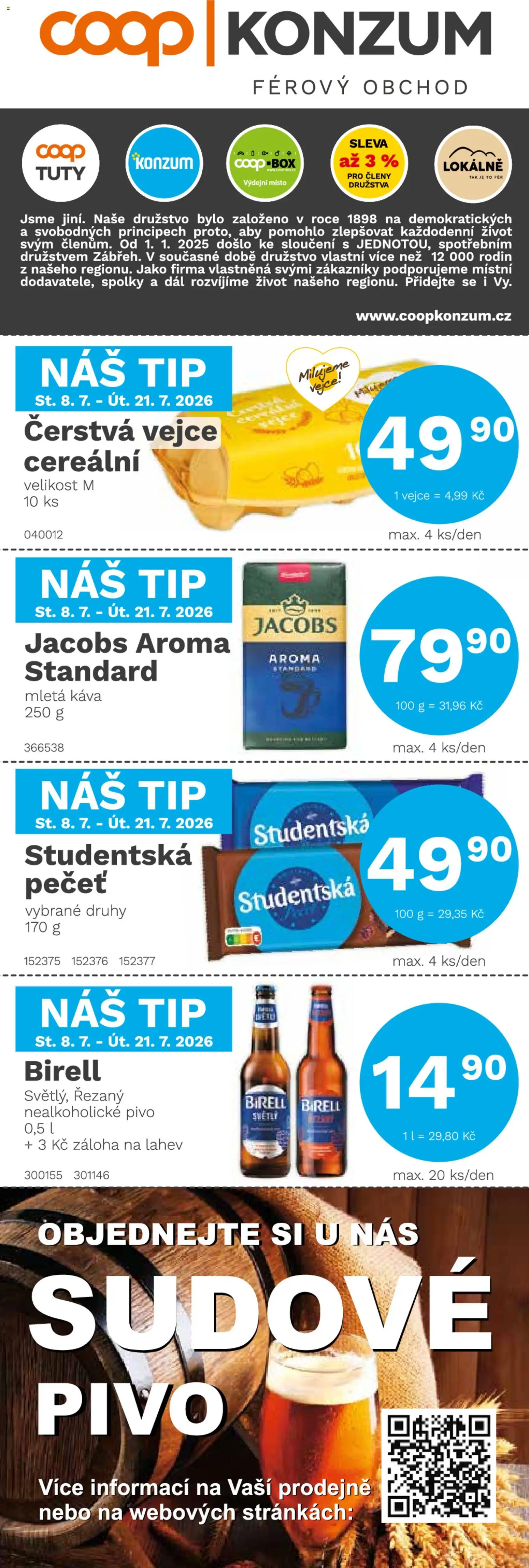 Konzum leták od 08.07.2026 | Strana: 1 | Produkty: Birell, Studentská pečeť, Nealkoholické pivo, Láhev