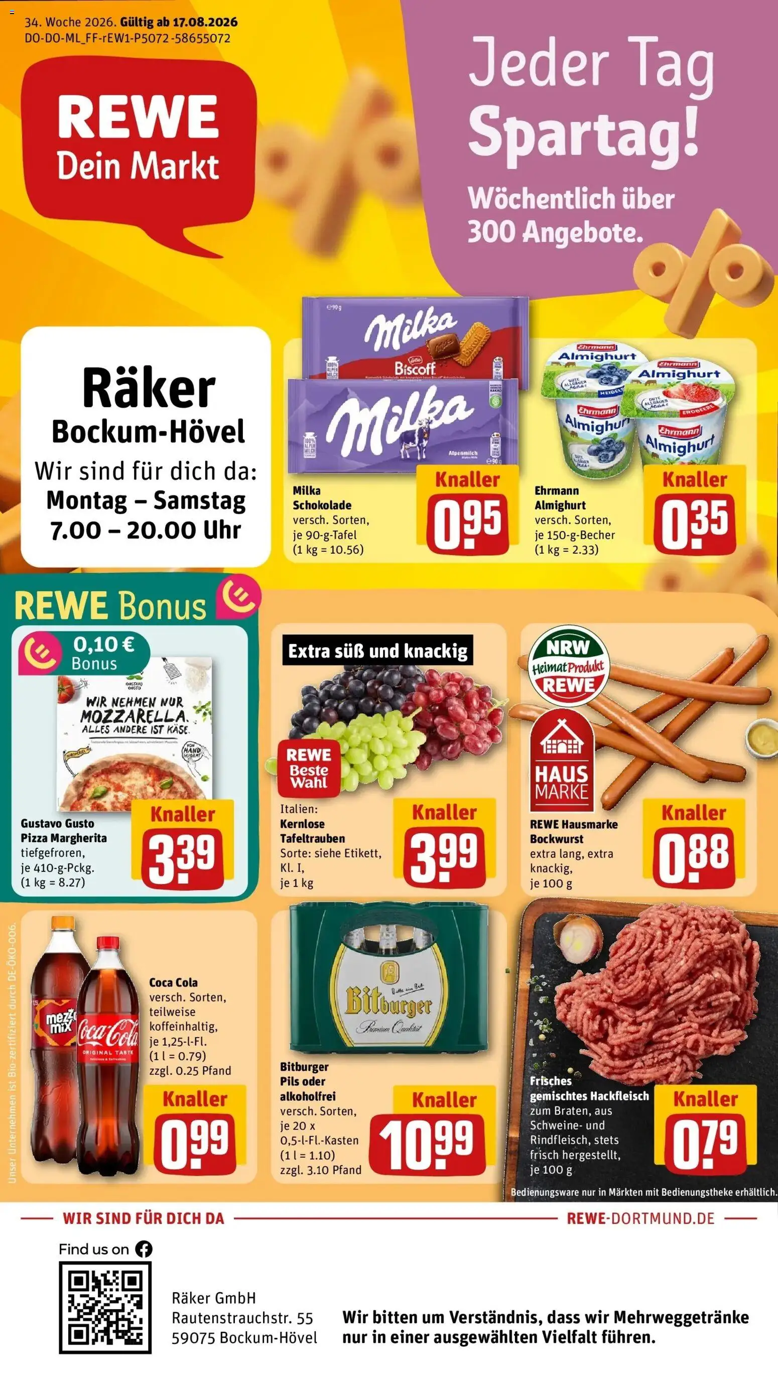 REWE Prospekt ab 17.08.2026 zum Blättern » Angebote | Seite: 1 | Produkte: Cola, Schokolade, Pils, Milka