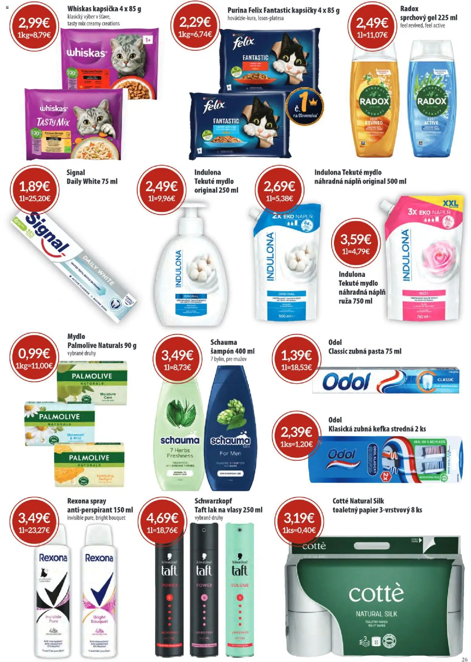 Nové Sintra akcie – leták je platný od 07.05.2026 | Strana: 26 | Produkty: Zubná kefka, Lak na vlasy, Antiperspirant, Whiskas
