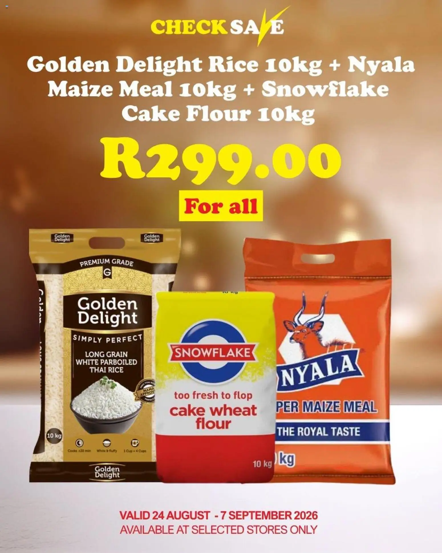 New Check Save catalogue – valid from 24/08/2026 | Page: 1 | Products: Cake, Flour, Maize meal, Rice