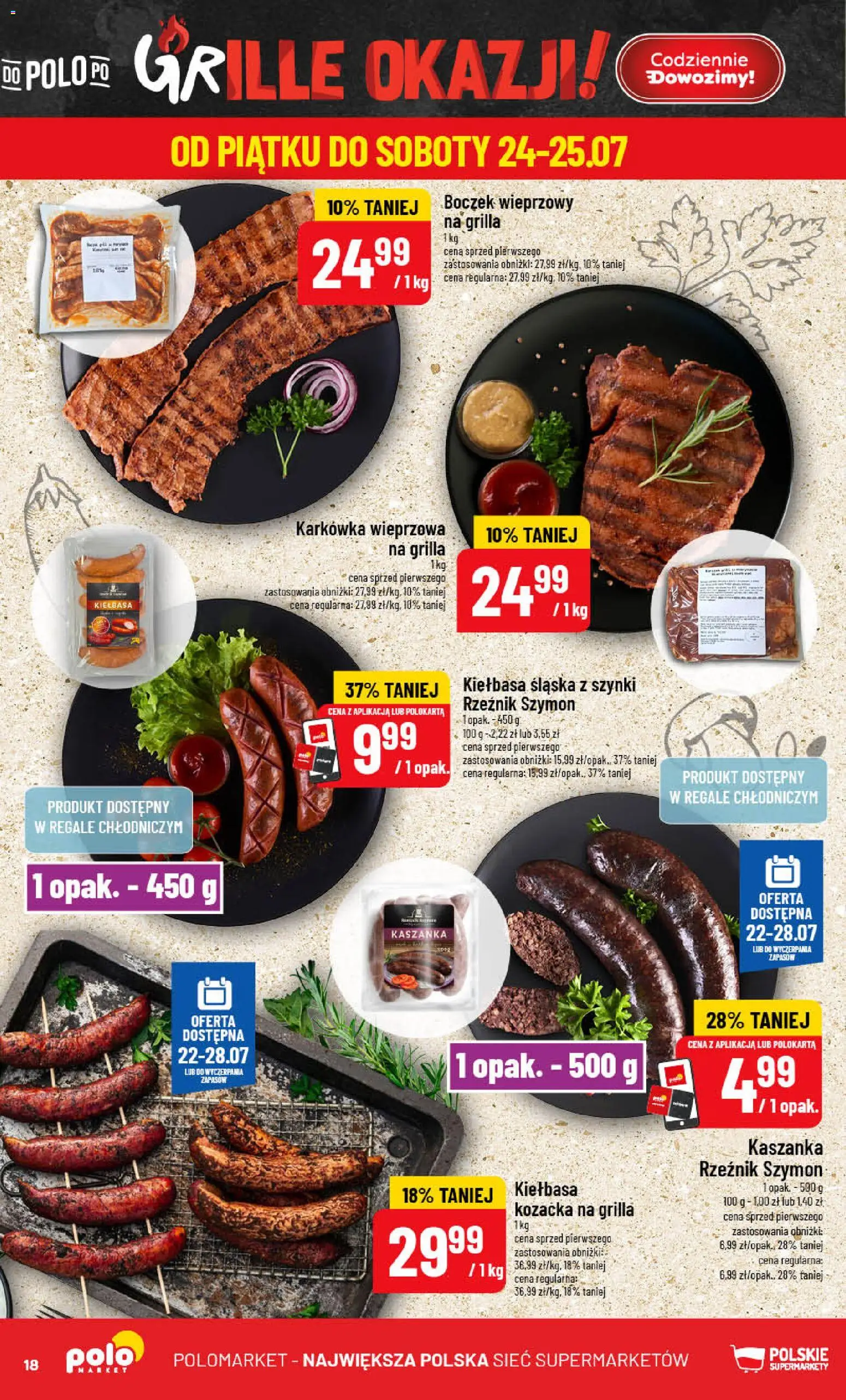 POLOmarket gazetka od 22.07.2026 | Strona: 18 | Produkty: Kiełbasa, Karkówka wieprzowa, Boczek wieprzowy, Kaszanka