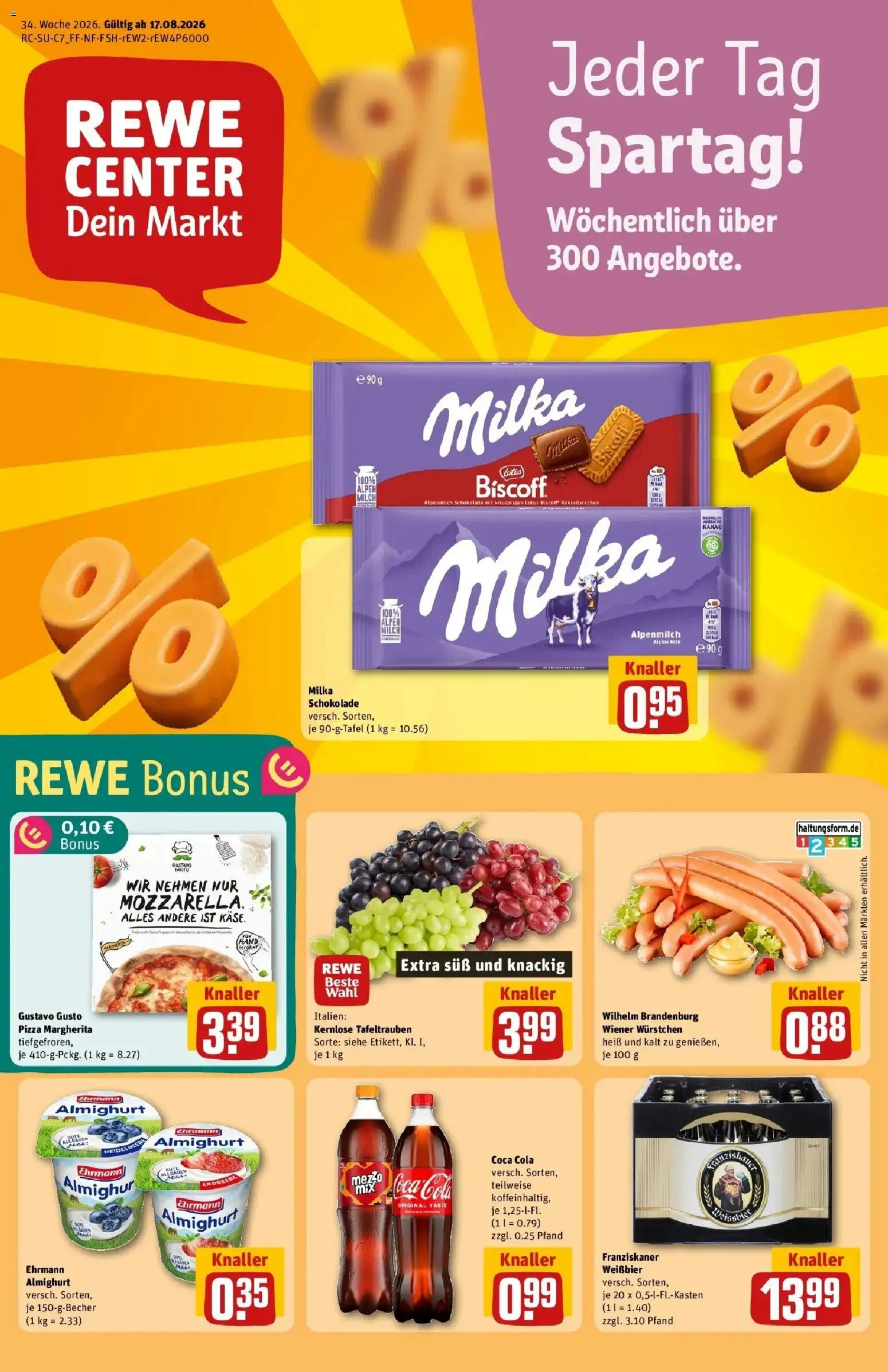 REWE Prospekt ab 17.08.2026 zum Blättern » Angebote | Seite: 1 | Produkte: Franziskaner, Weißbier, Milka, Pizza