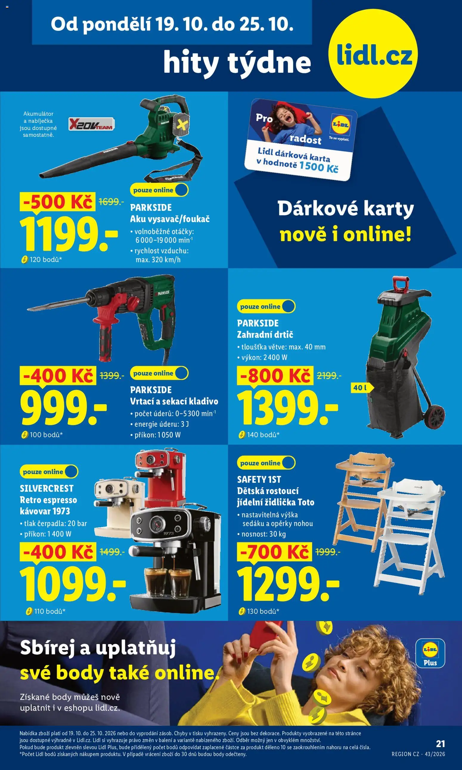 Lidl leták - Hity týdne od 19.10.2026 | Strana: 1 | Produkty: Kávovar, Jídelní židlička, Karty, Body
