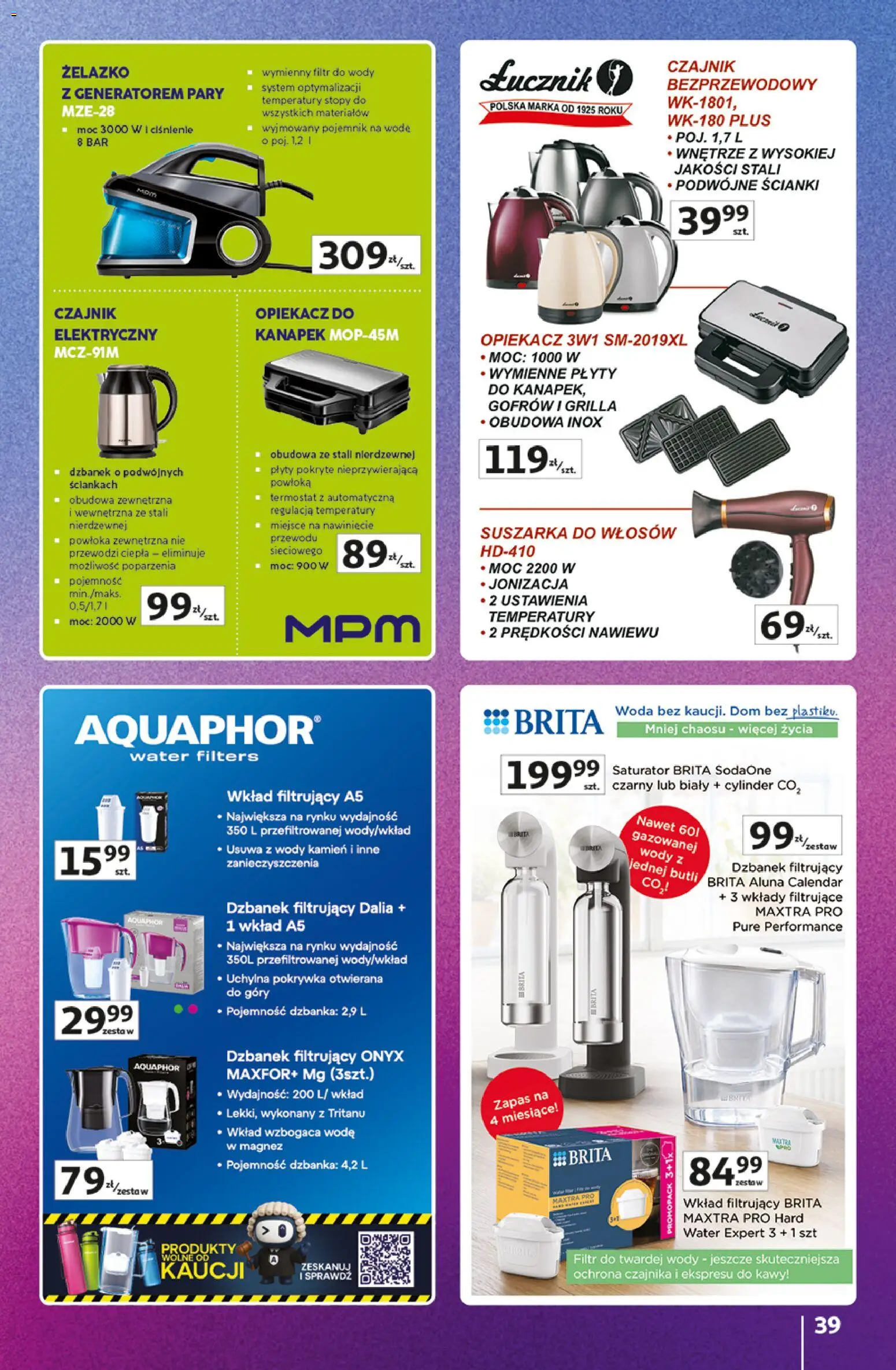 Auchan gazetka - 30 Lat Hipermarket Znane marki od 03.09.2026 | Strona: 39 | Produkty: Dzbanek, Filtr do wody, Suszarka, Dzbanek filtrujący